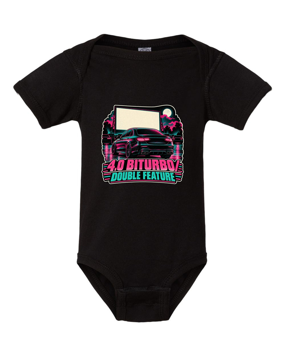Risograph halftone drive-in poster graphic for a Mercedes E63 W213 4.0 biturbo, print black baby onesie front view with the design
