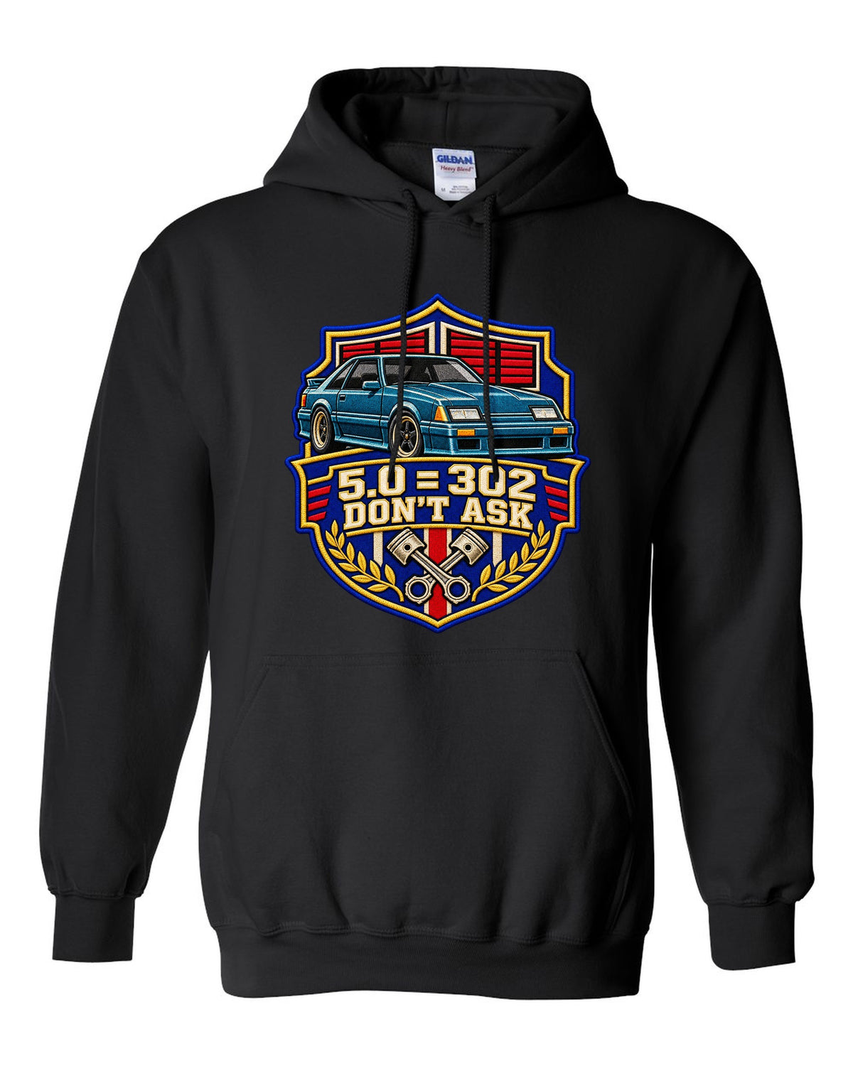 Embroidery-style varsity drag crest print for a Ford Mustang Fox Body chback black pull over hoodie front view with the design