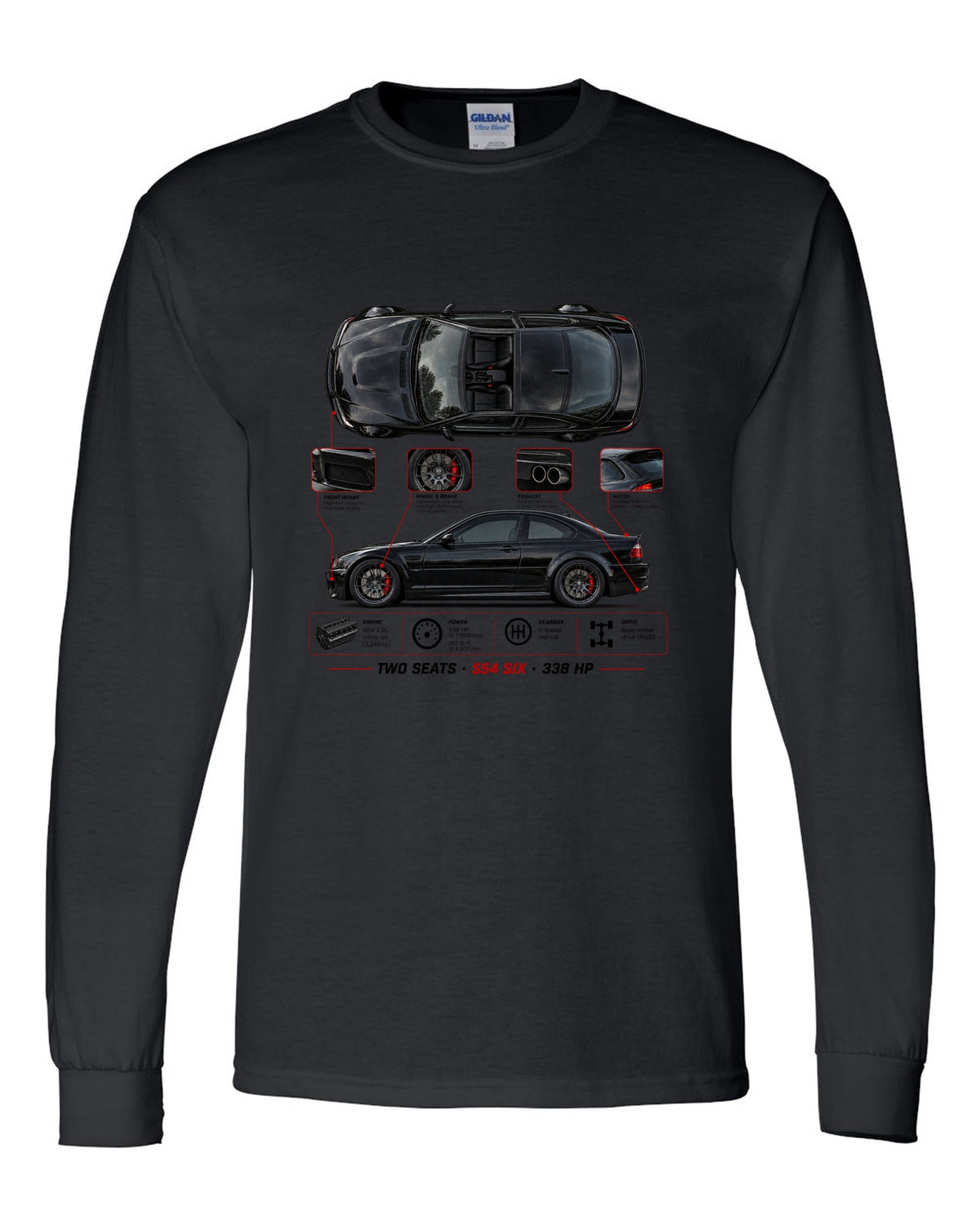 BMW Z4 M Coupe E86 spec poster print with two seats S54 six 338 hp black long sleeve front view with the design