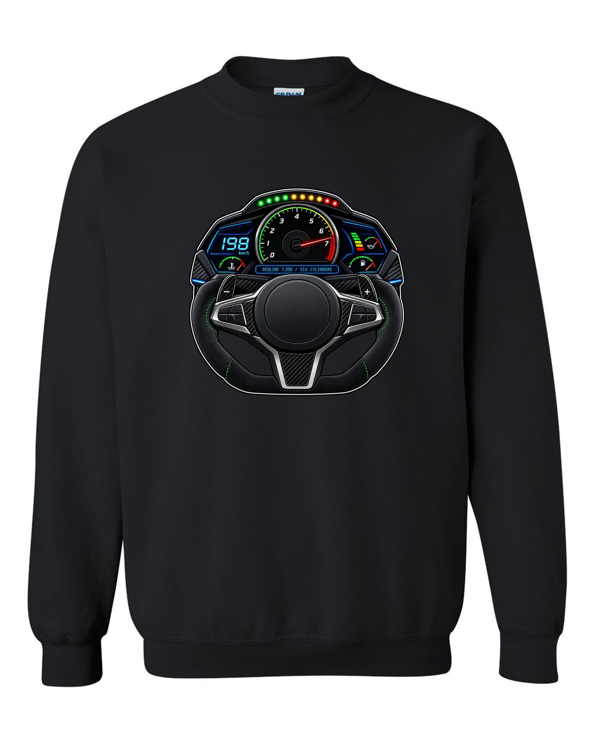 BMW G80 M3 interior gauge cluster HUD print with redline 7,200 text black crewneck front view with the design