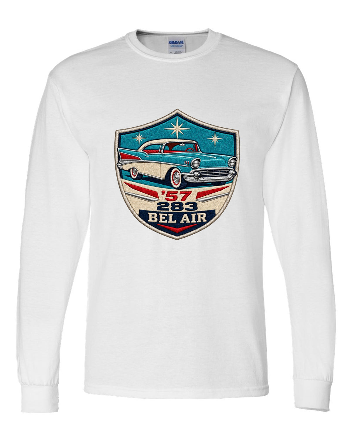 Original shield crest print for a 1957 Chevrolet Bel Air with 283 lettering white long sleeve front view with the design
