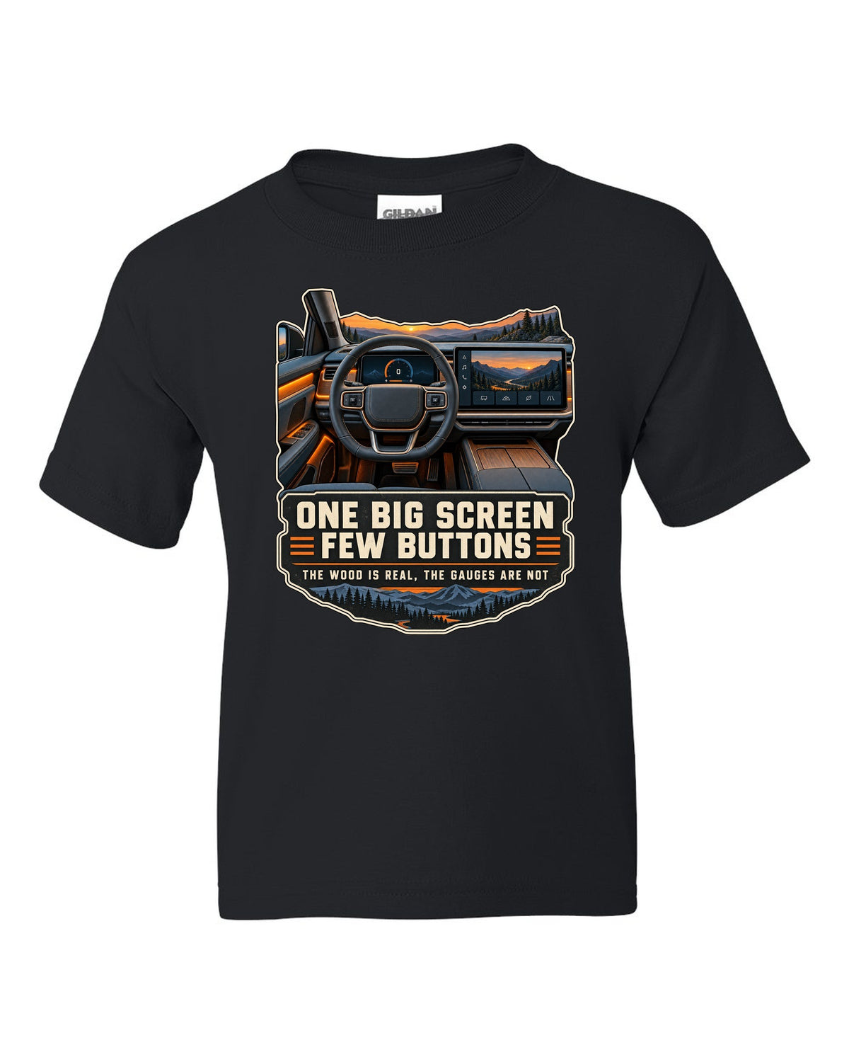 Cockpit and gauge print of a Rivian R1T interior with a large central screen black kids tee front view with the design