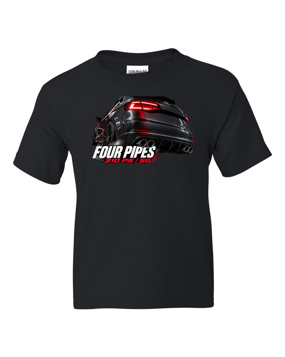 print macro of a VW Golf R Mk7.5 rear taillight and four exhaust pipes with 310 PS text black kids tee front view with the design