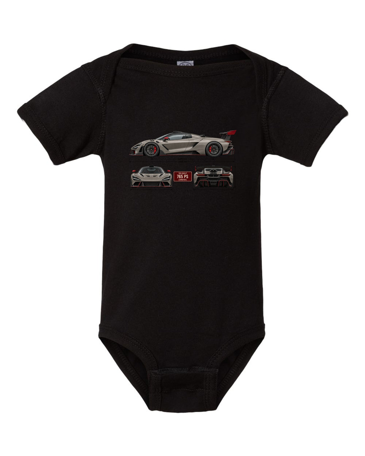 Three-view spec print of a McLaren 765LT, 765 built, 765 PS black baby onesie front view with the design