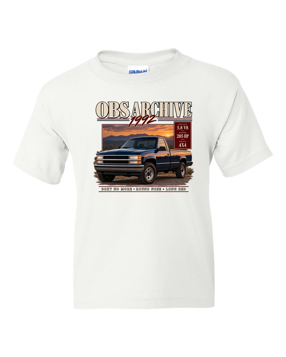 Ford F-150 OBS 1992-97 archive panel print listing 5.8 V8, 205 HP and 4x4 white kids tee front view with the design