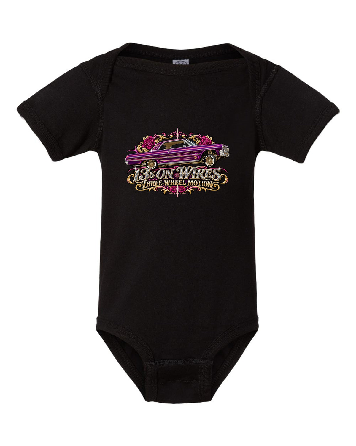 1964 Chevrolet Impala SS lowrider in airbrush style with text 13s on Wires Three-Wheel Motion black baby onesie front view with the design