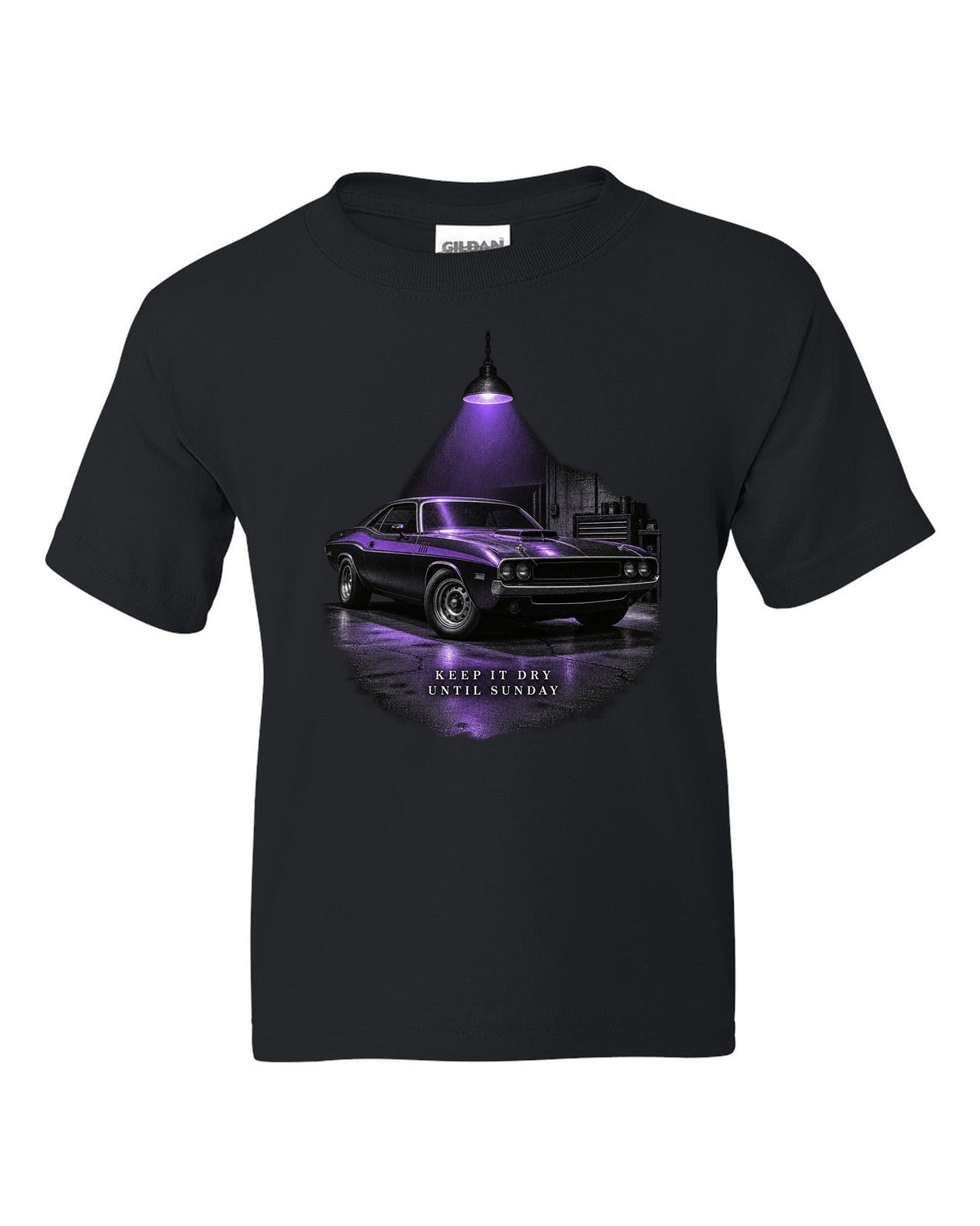 Garage night print of a Plum Crazy 1970 Dodge Challenger R/T with keep it dry until Sunday text black kids tee front view with the design