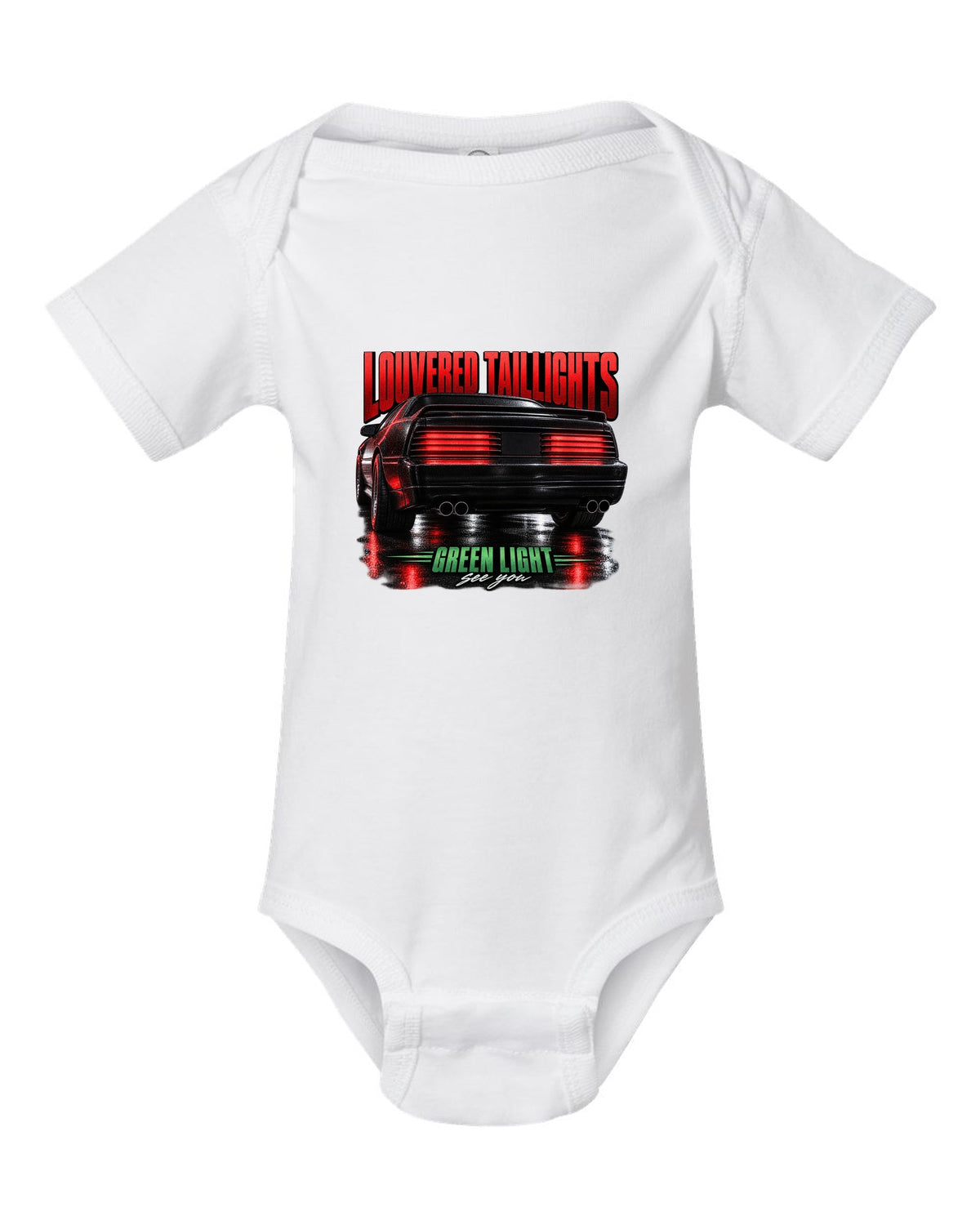 Macro print of a louvered Fox Body Mustang GT taillight, 1987-93 white baby onesie front view with the design