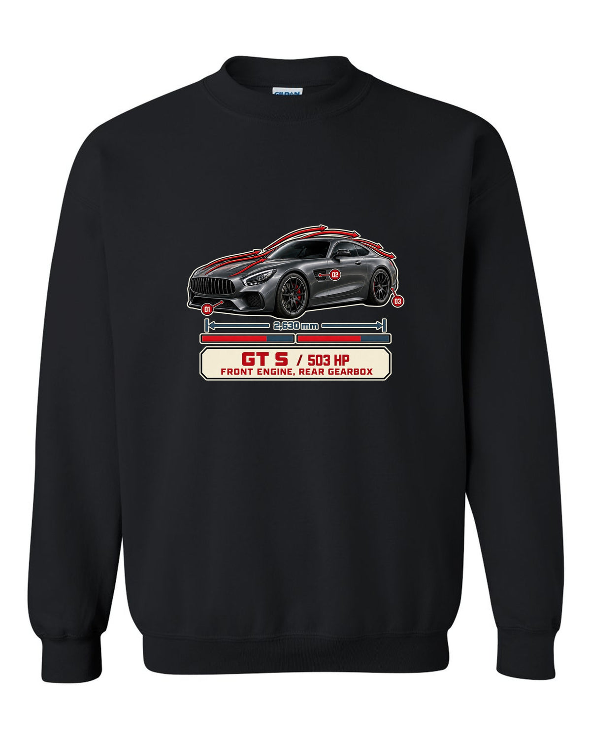 Mercedes-AMG GT S C190 aero cutaway callouts print black crewneck front view with the design
