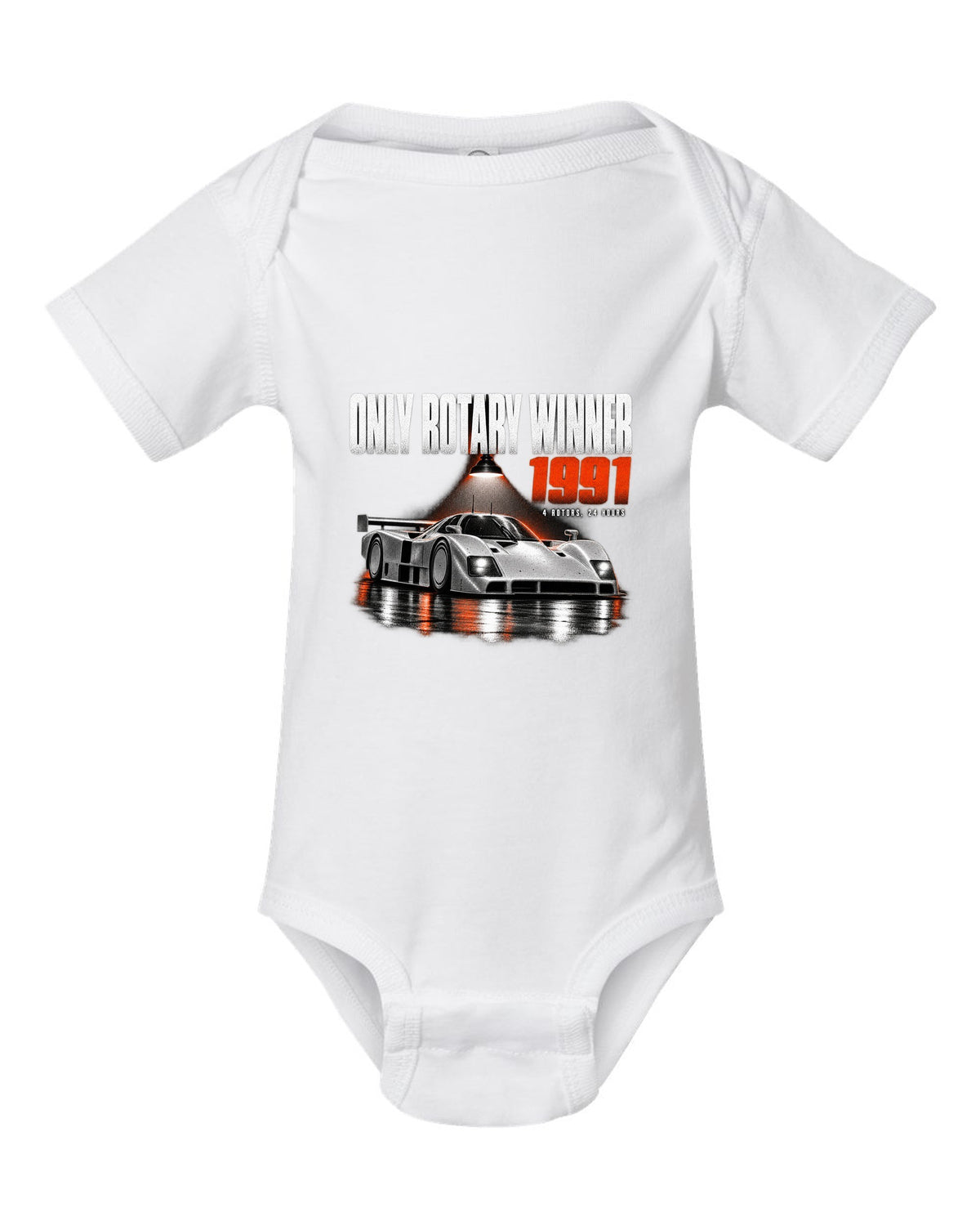 Mazda 787B in a dark garage with only rotary winner 1991 lettering white baby onesie front view with the design