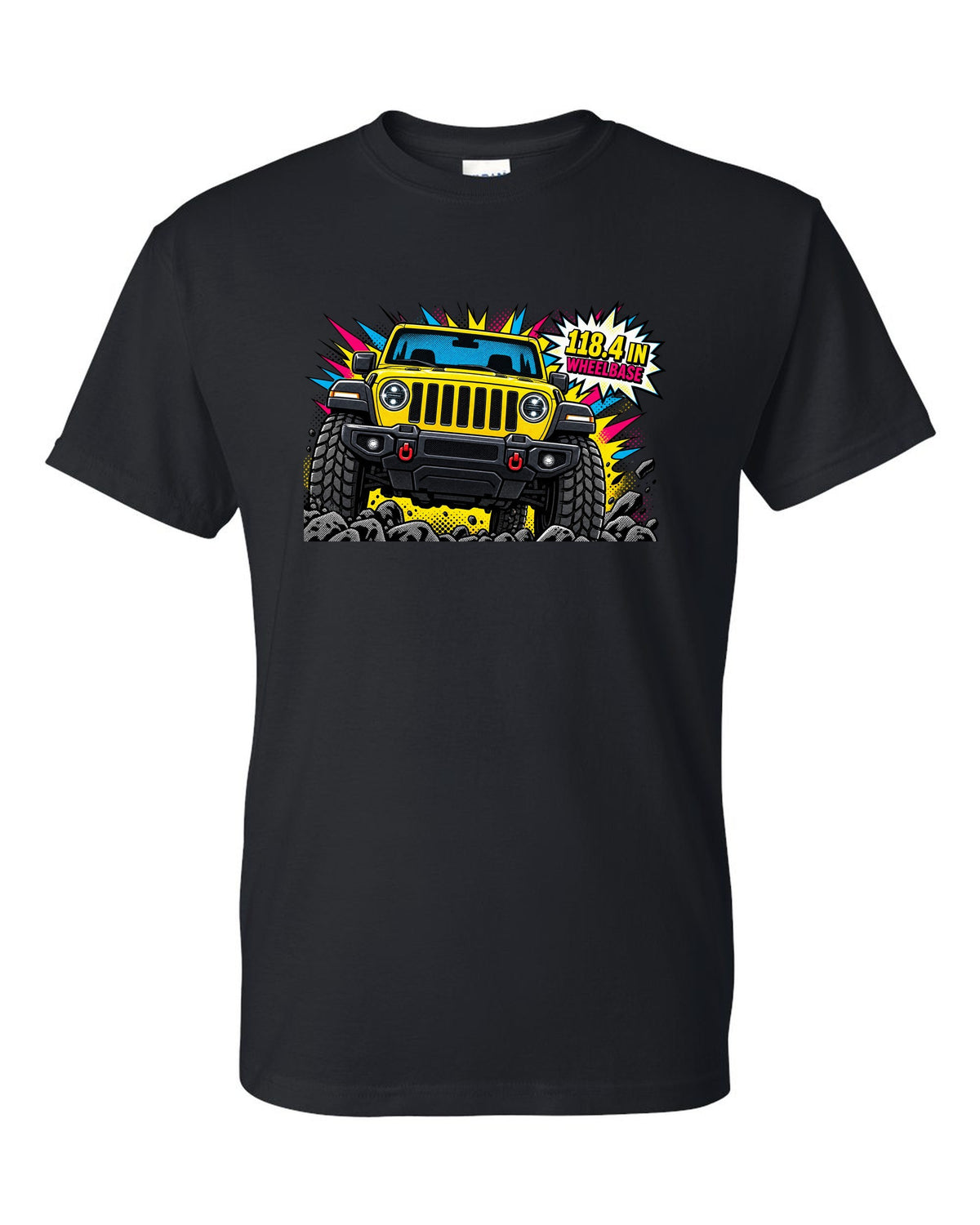 Jeep Wrangler JLU grille and headlight comic halftone pop art with 118.4 in wheelbase text black t-shirt front view with the design