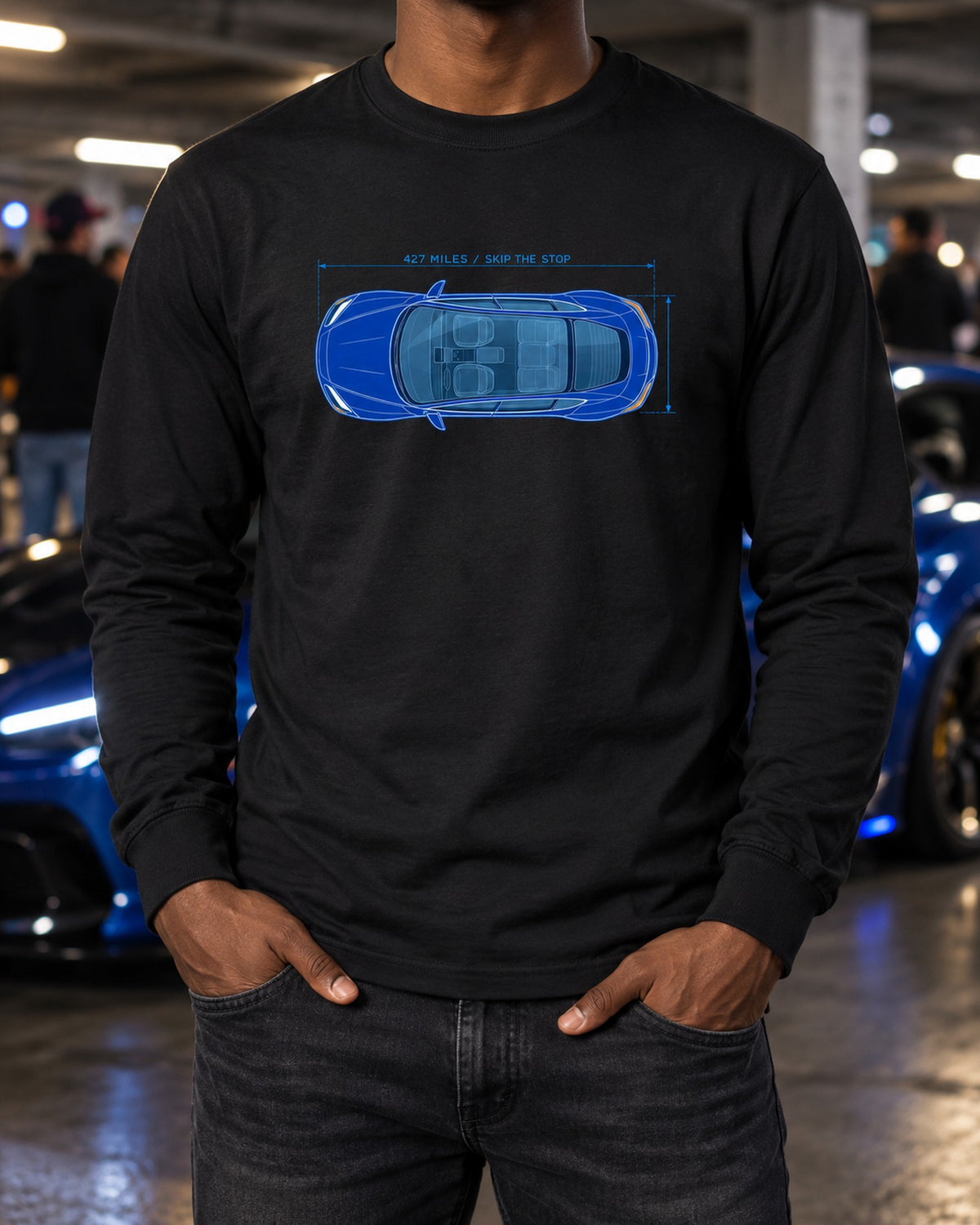 Lucid Air Sapphire Cyan Blueprint Shirt, Range Joke Tee Long Sleeve Black worn hero