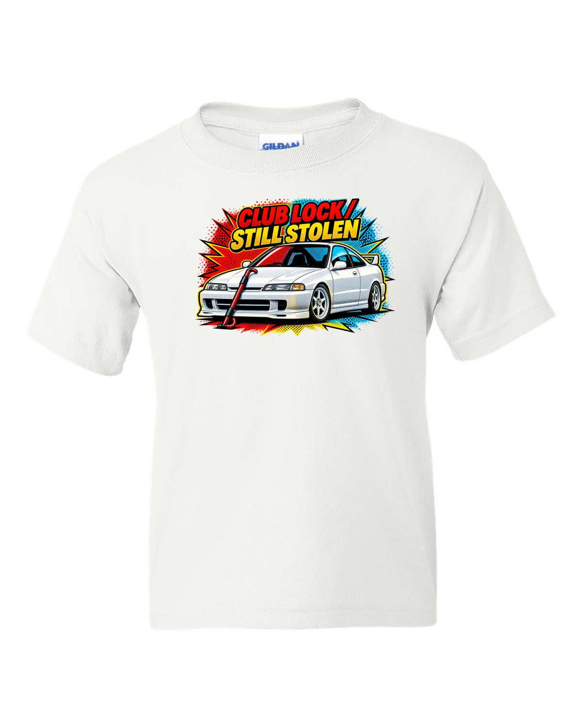Pop-art halftone split of a 1995 Honda Integra DC2 coupe with Club Lock Still Stolen lettering white kids tee front view with the design