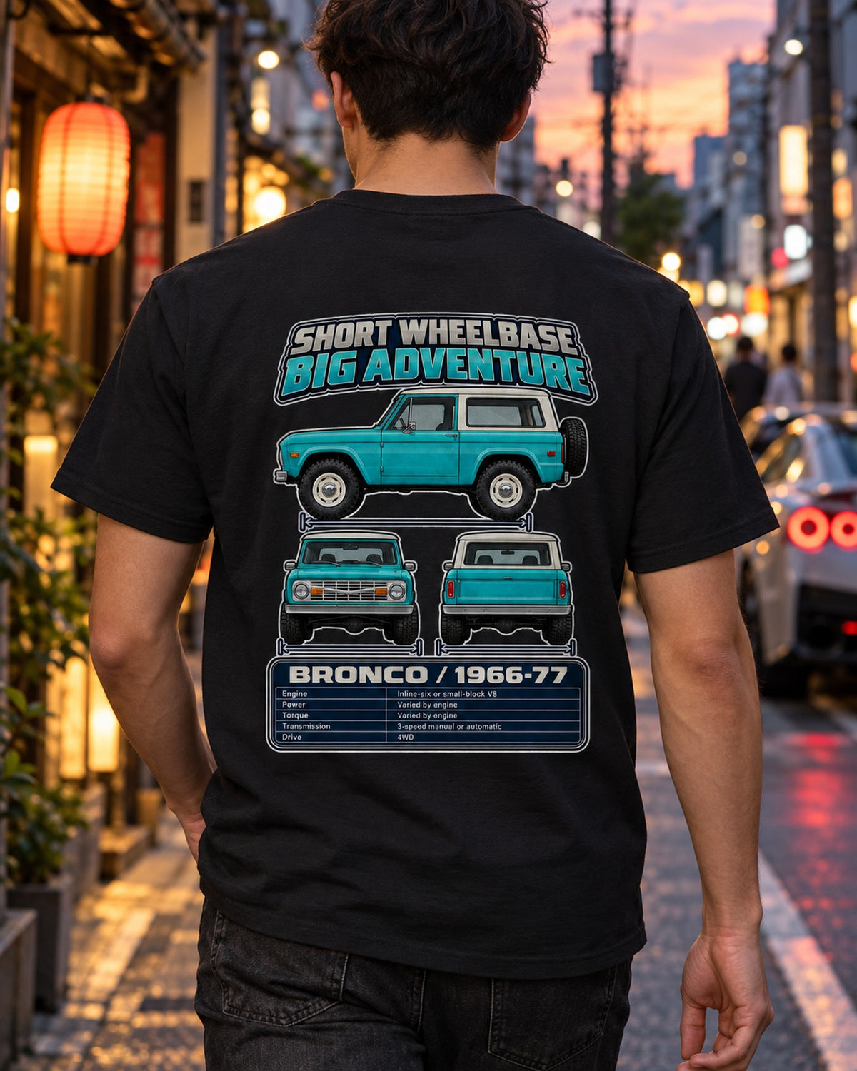 Ford Early Bronco Spec Sheet Full-Back Graphic Tee T-Shirt Black worn hero