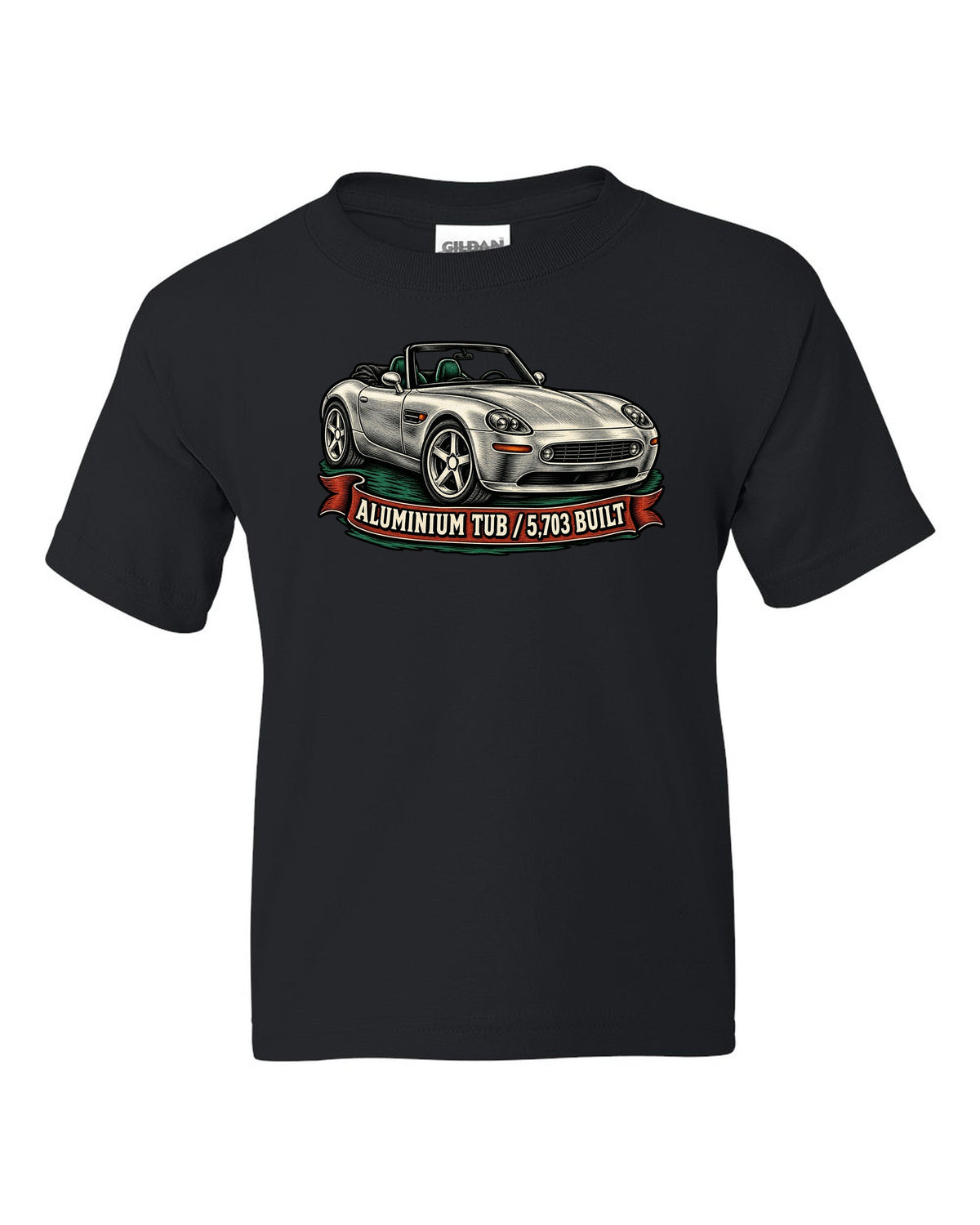 Woodcut linocut-style print of a BMW Z8 E52 roadster with 5,703 built text black kids tee front view with the design