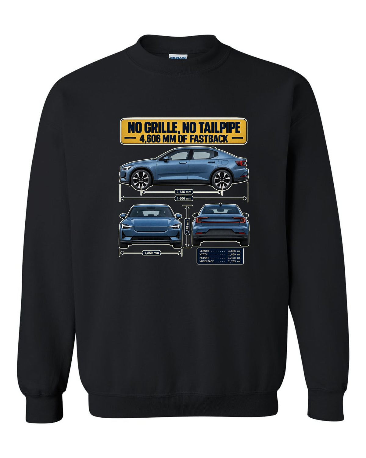 Three-view spec table print of a Polestar 2 fastback 2020-2023 black crewneck front view with the design
