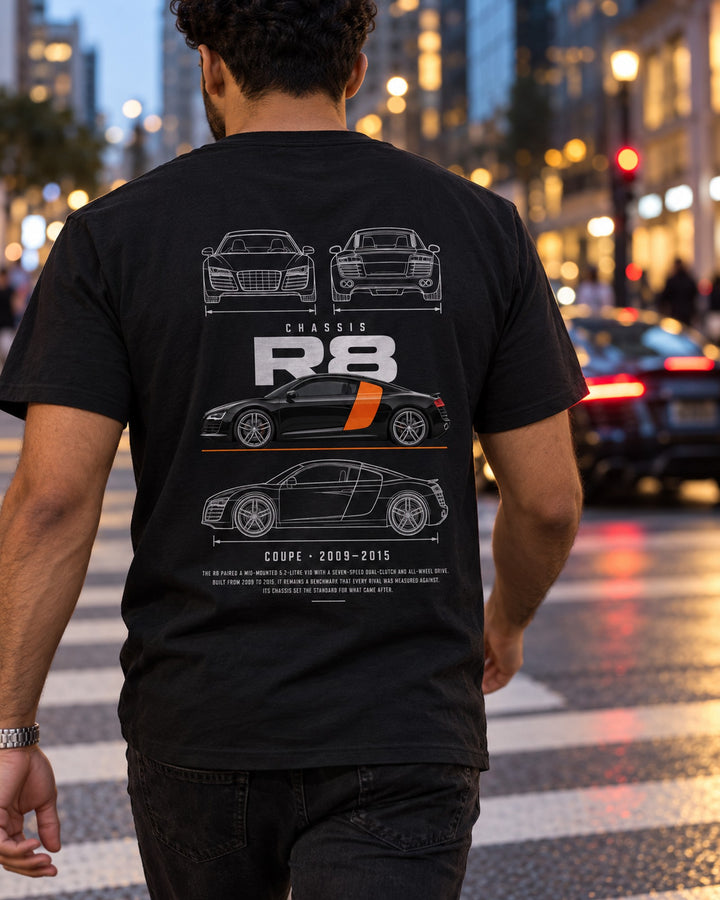 Audi R8 V10 first generation Blueprint Full-Back Graphic Tee, R8 Chassis Code T-Shirt Black worn hero
