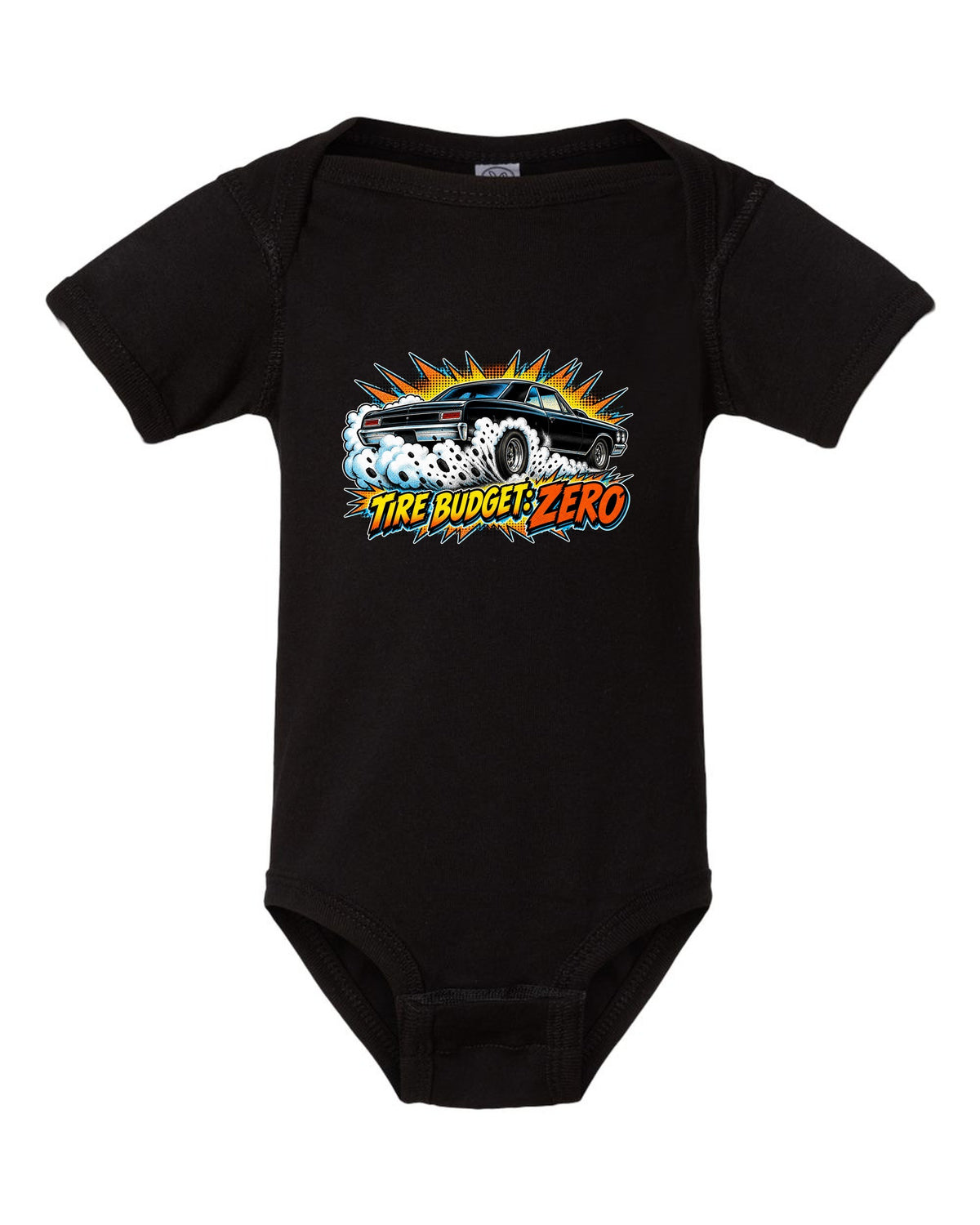 Comic halftone burst illustration of a 1966 Chevrolet Chevelle Malibu SS doing a burnout black baby onesie front view with the design