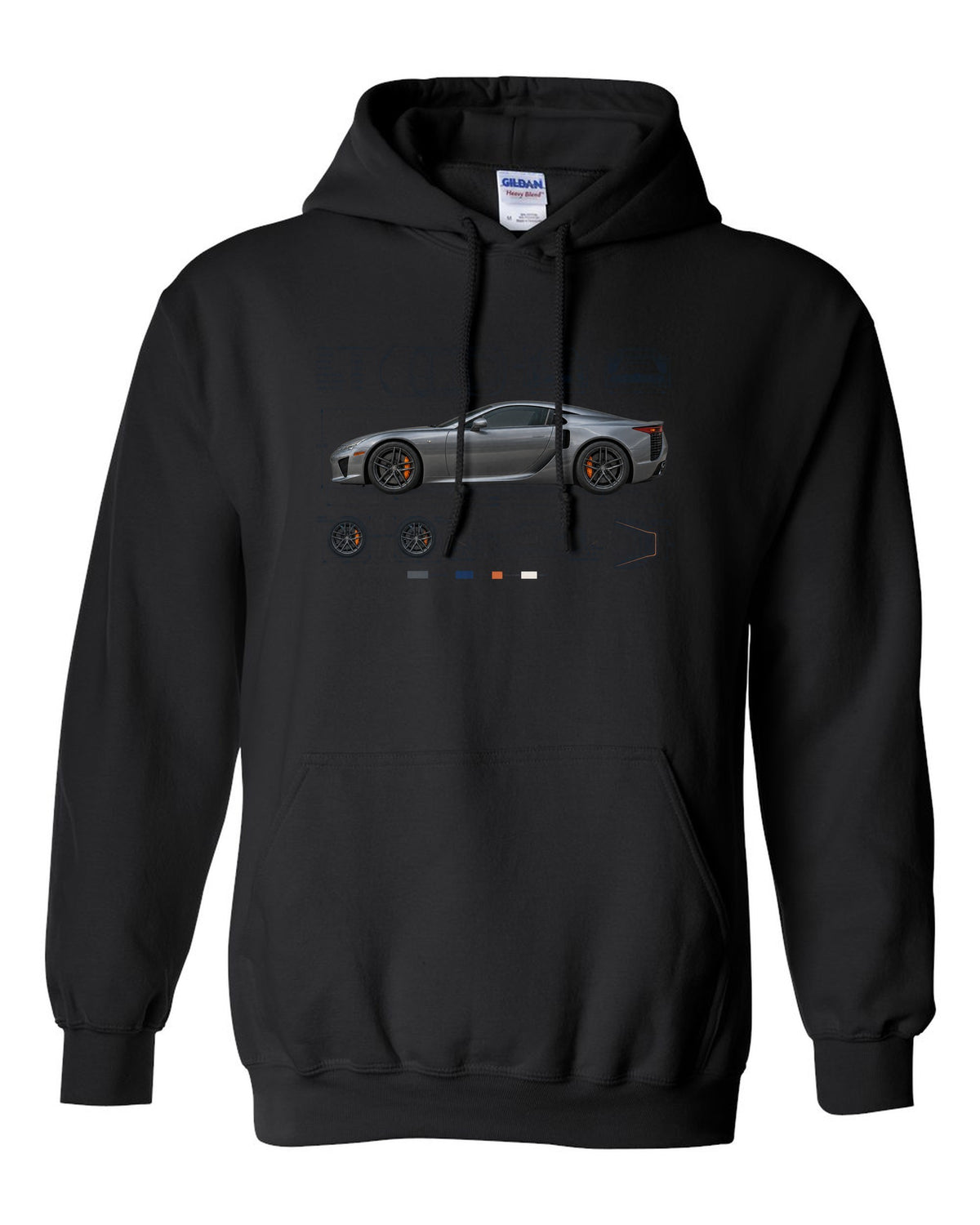 Blueprint style print of the Lexus LFA LFA10 with V10 spec lines black pull over hoodie front view with the design