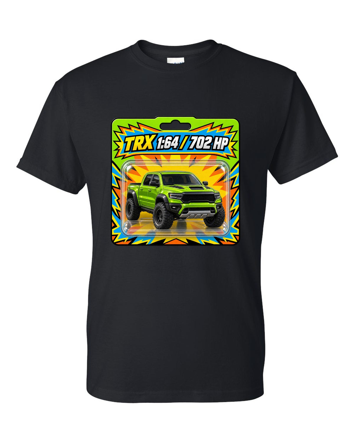 print of a 1:64 toy blister card featuring the Ram 1500 TRX with 702 HP black t-shirt front view with the design