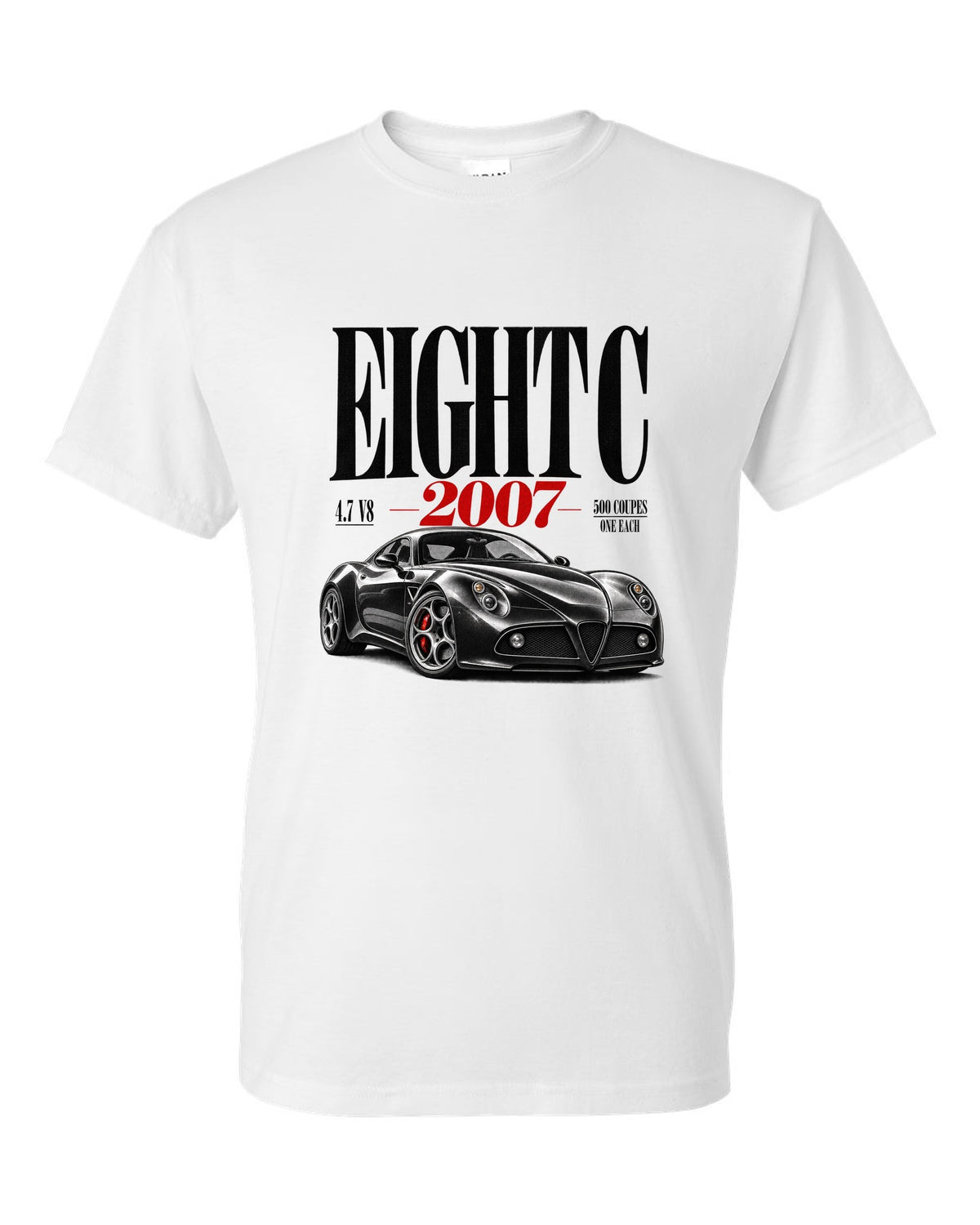 Editorial headline print for the Alfa Romeo 8C Competizione with 4.7 V8 text white t-shirt front view with the design