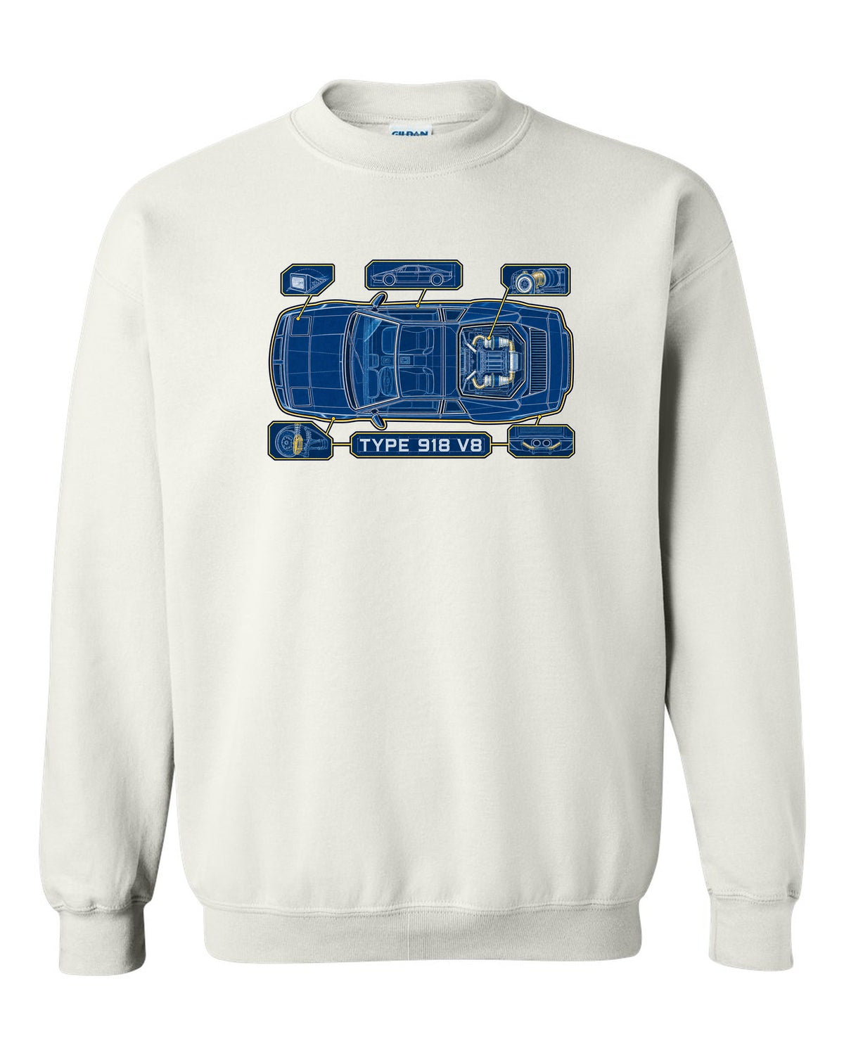 Lotus Esprit V8 cyanotype blueprint with TYPE 918 V8 lettering white crewneck front view with the design