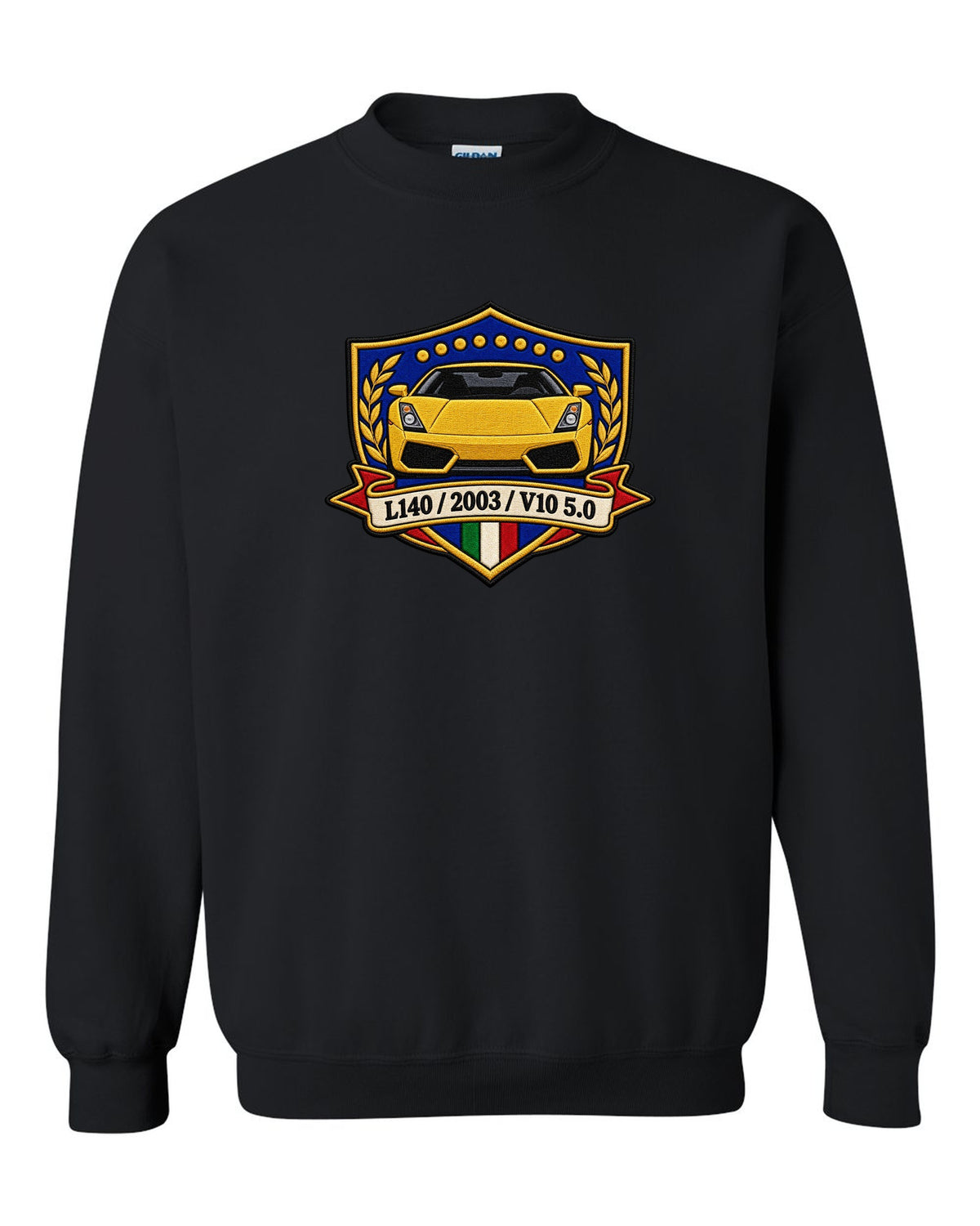 Embroidery-style crest for a 2003 Lamborghini Gallardo L140 with V10 5.0 text black crewneck front view with the design