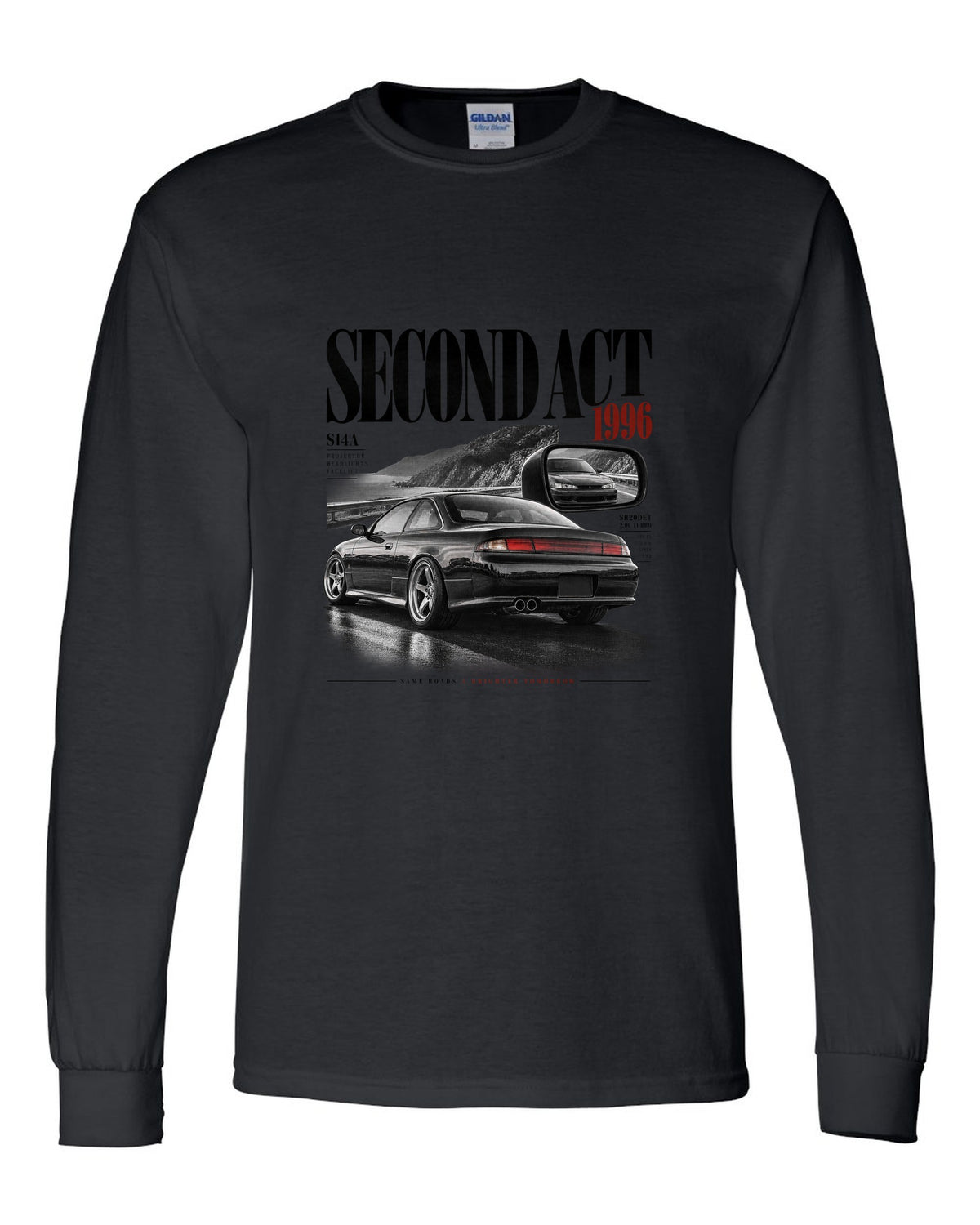 Editorial headline layout of a Nissan Silvia S14 kouki with Second Act, 1996 and projector headlights lettering black long sleeve front view with the design