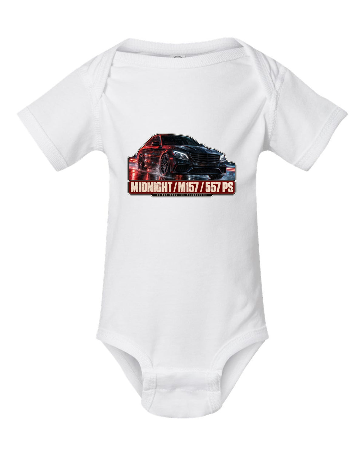Night street print of a Mercedes-AMG E63 W212 facelift in blue and red light white baby onesie front view with the design