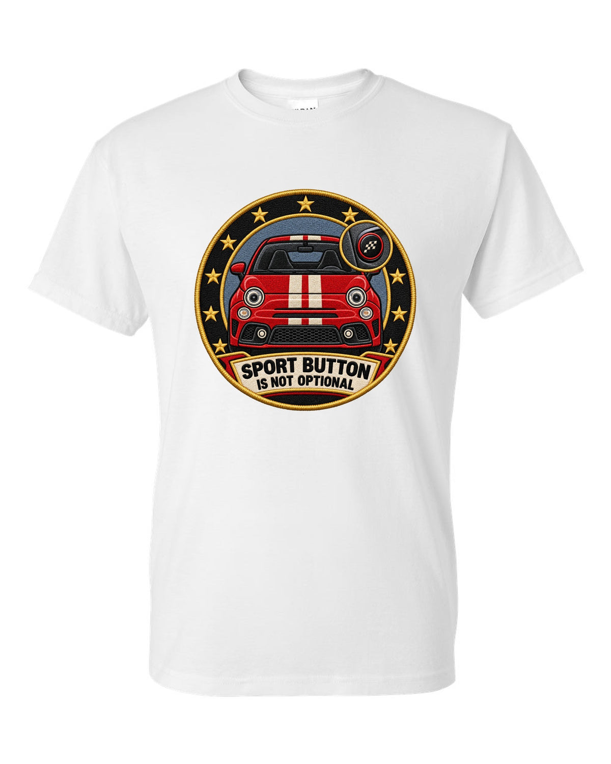 Varsity crest of a Fiat 500 Abarth with sport button text white t-shirt front view with the design