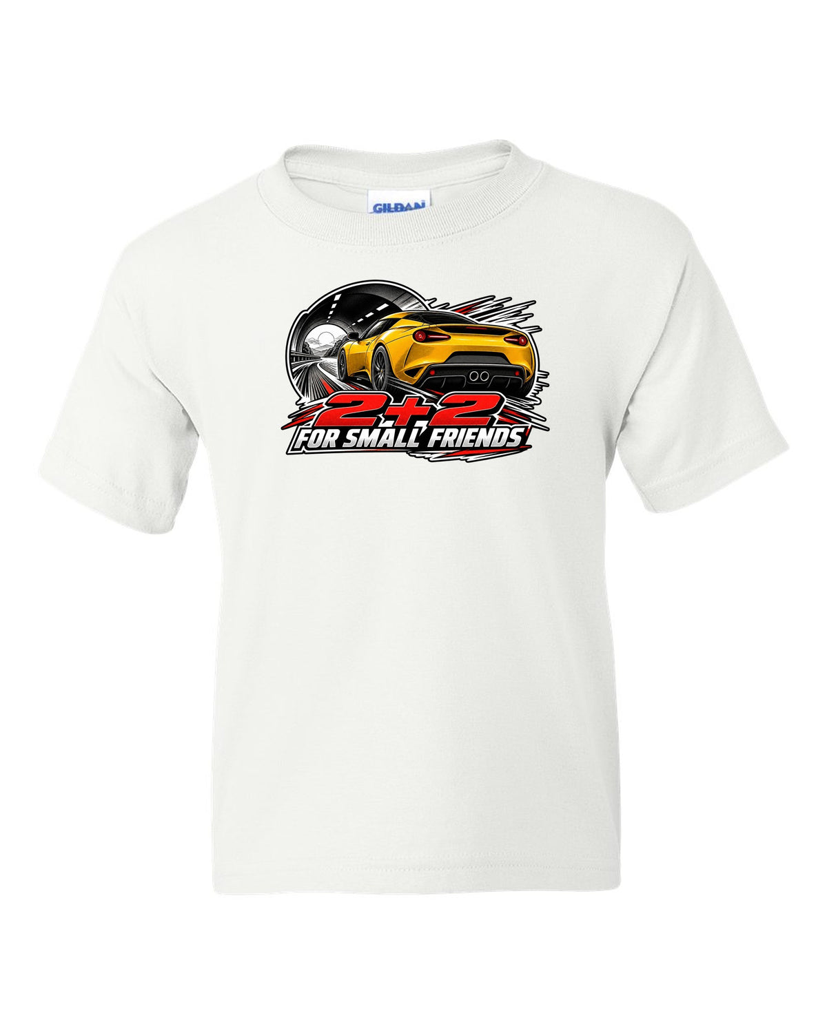 Lotus Evora rear view in retro manga halftone with 2+2 FOR SMALL FRIENDS lettering white kids tee front view with the design