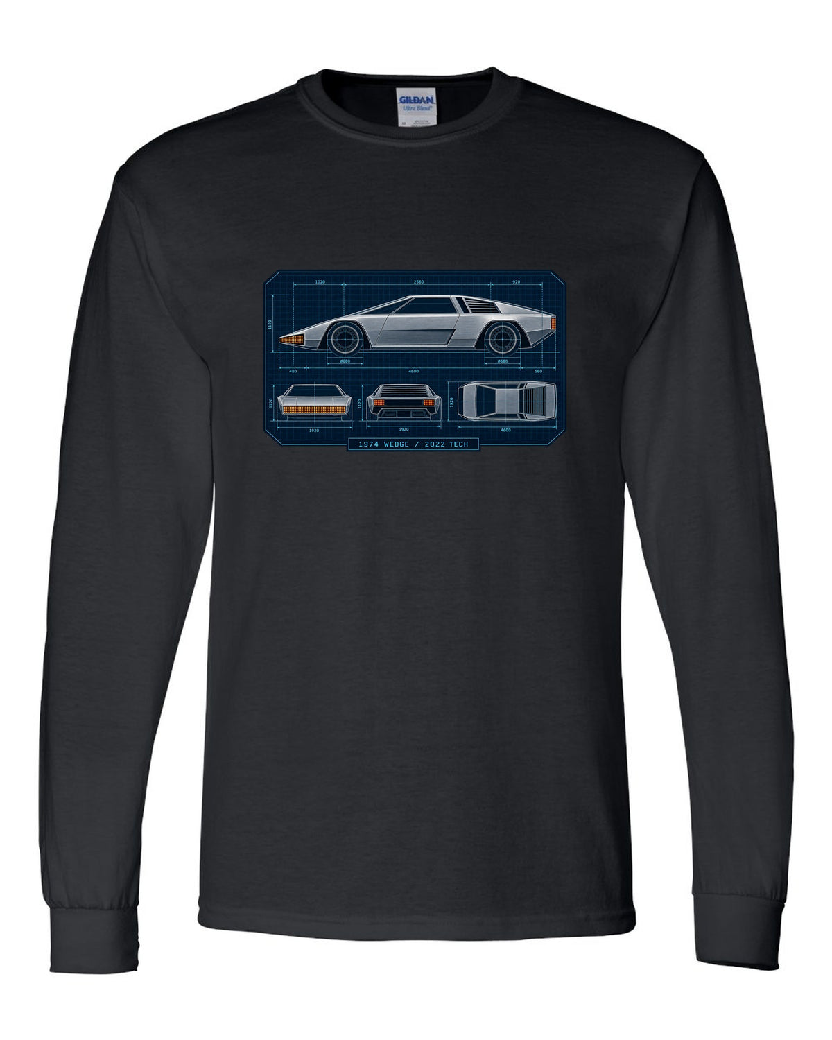 Technical orthographic blueprint print of the Hyundai N Vision 74 concept with 1974 wedge 2022 tech text black long sleeve front view with the design