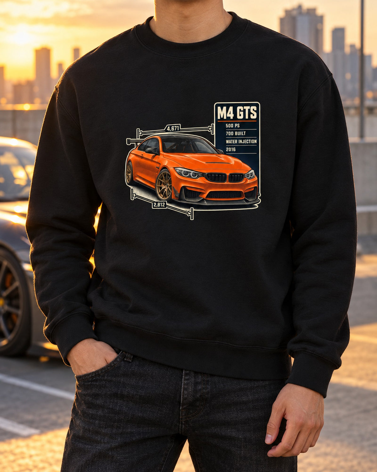 BMW M4 GTS F82 Spec Poster Shirt, 700 Built Crewneck Black worn hero