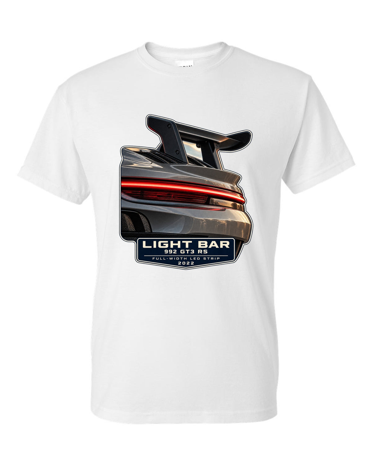 Porsche 992 GT3 RS taillight macro light bar print design white t-shirt front view with the design