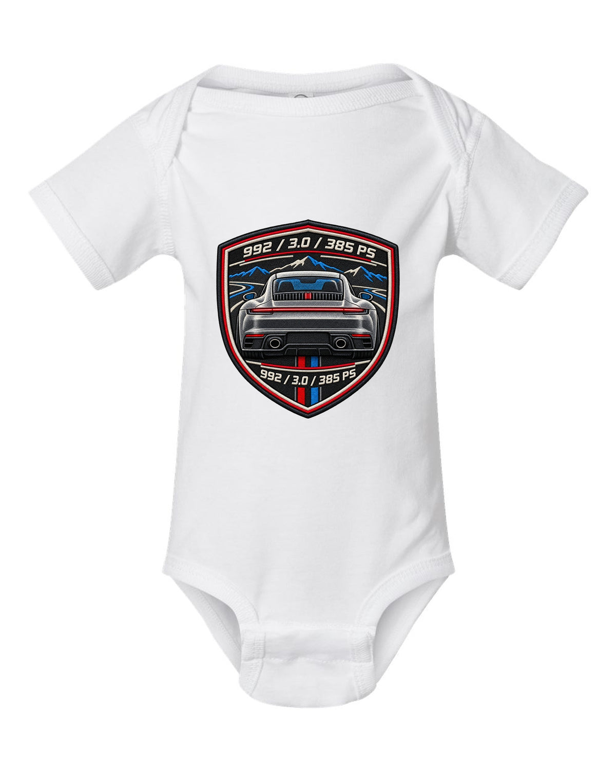 Round crest print of a Porsche 911 992 with the text 992, 3.0 and 385 PS white baby onesie front view with the design