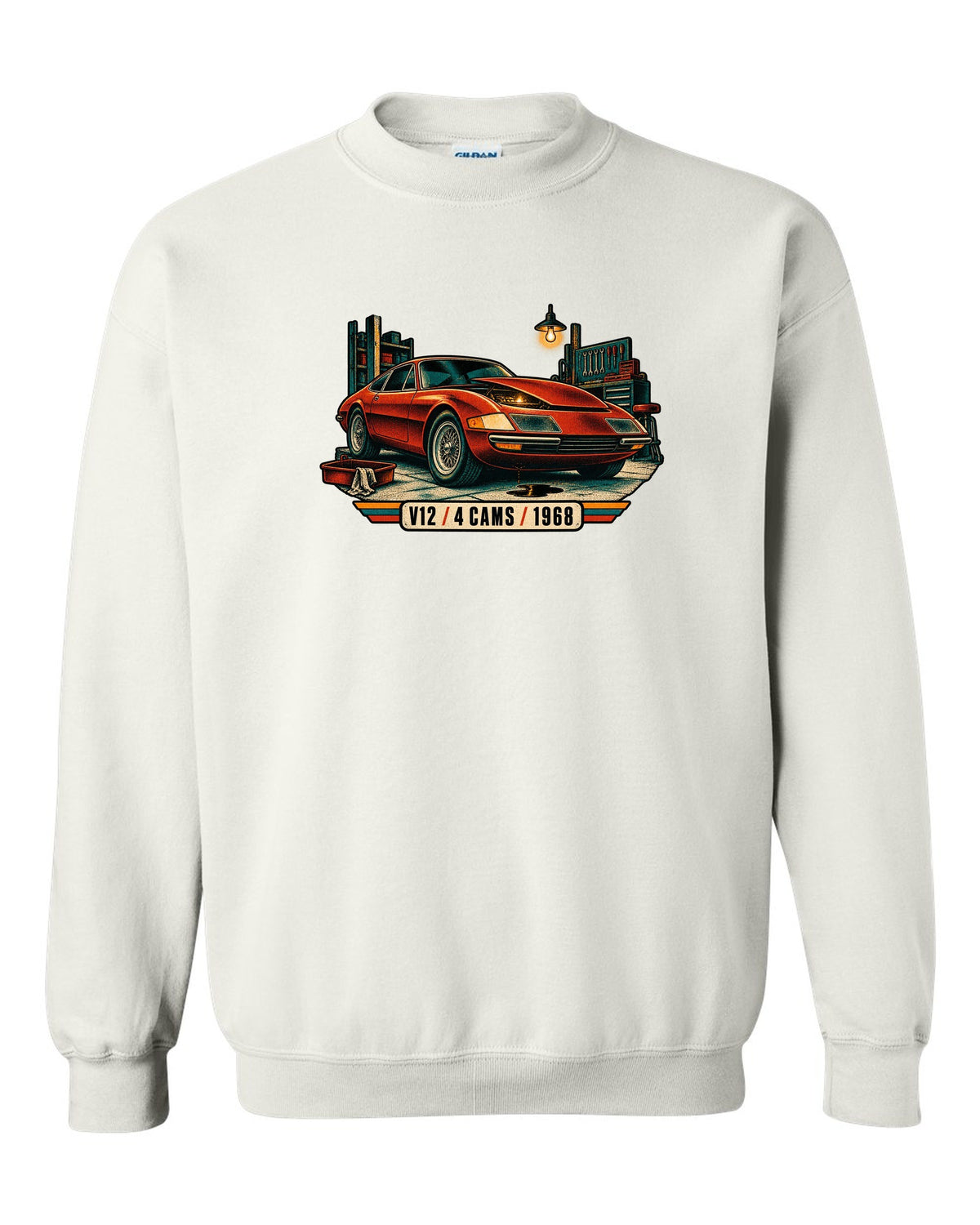 Risograph spot colour print of a Ferrari 365 GTB/4 Daytona in a garage with V12 4 Cams 1968 lettering white crewneck front view with the design