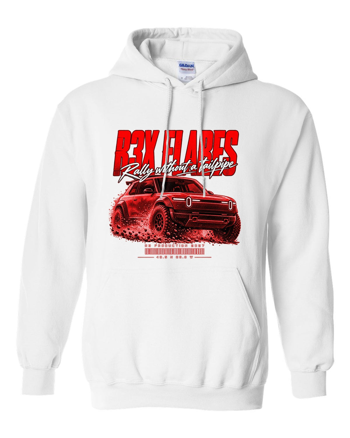Rally street poster print of a 2027 Rivian R3X with flared arches white pull over hoodie front view with the design