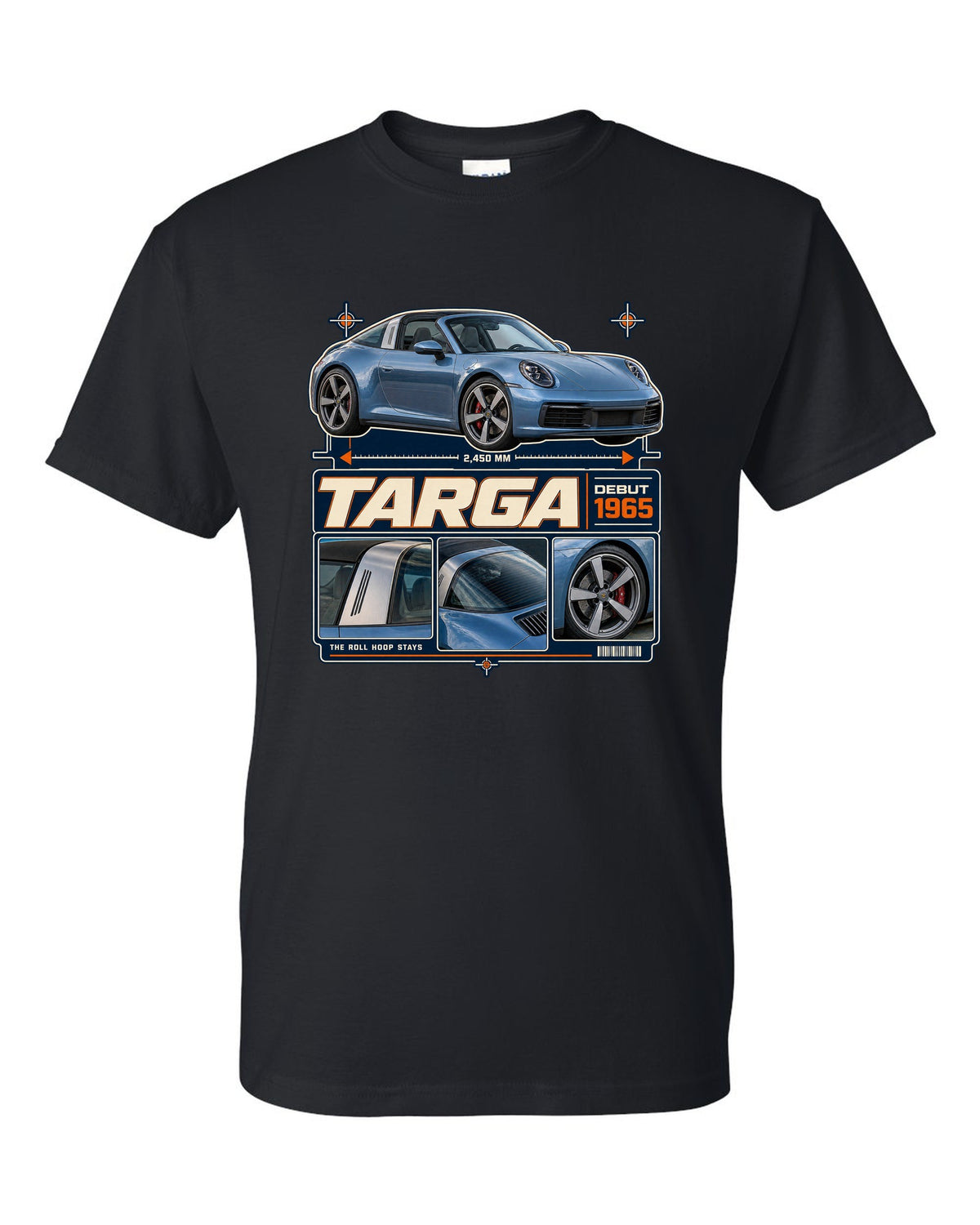 Dossier panel print of a Porsche 911 Targa 4S 992 with roll hoop black t-shirt front view with the design