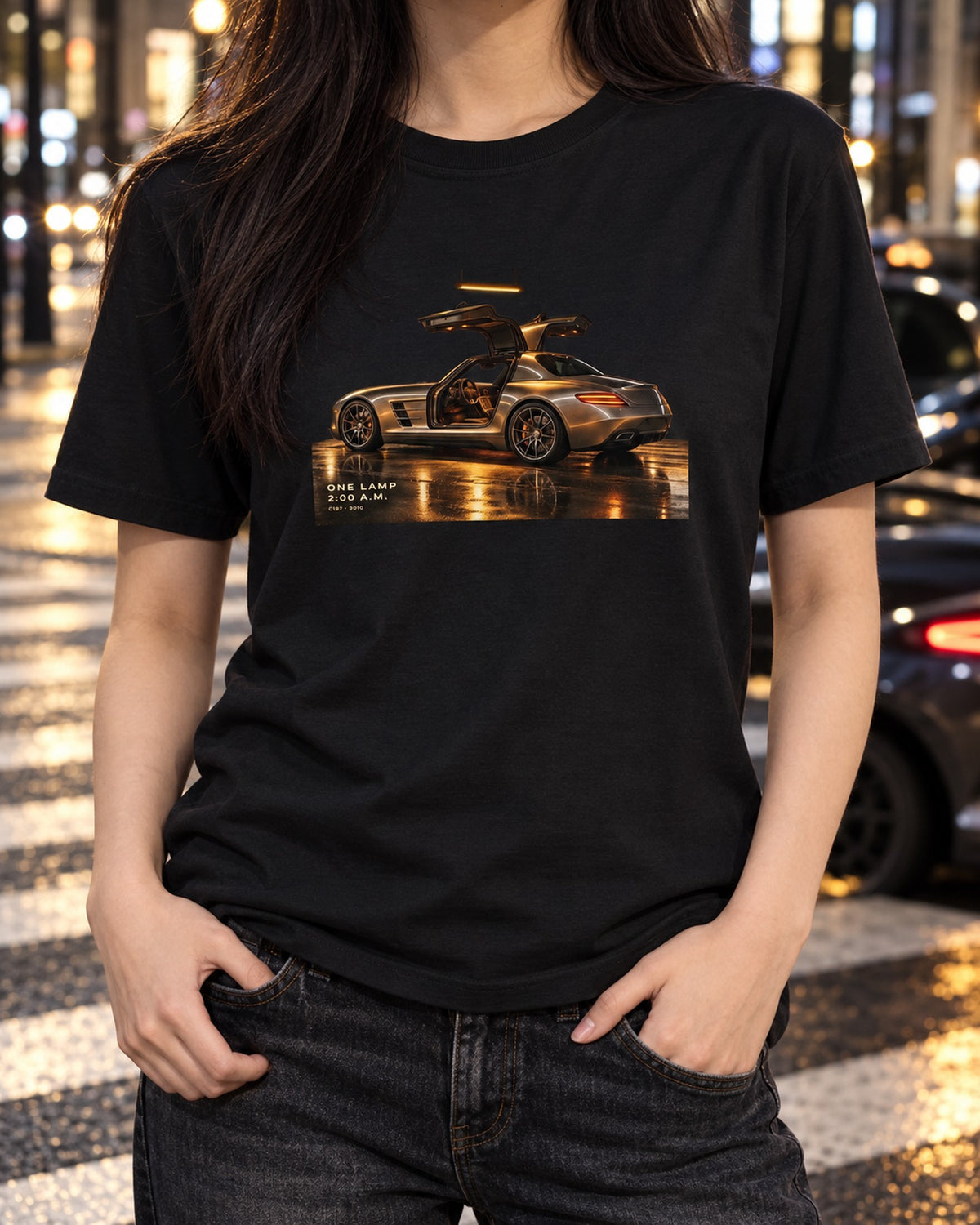 Mercedes SLS AMG C197 One Lamp 2 AM Garage Night Tee T-Shirt Black worn hero