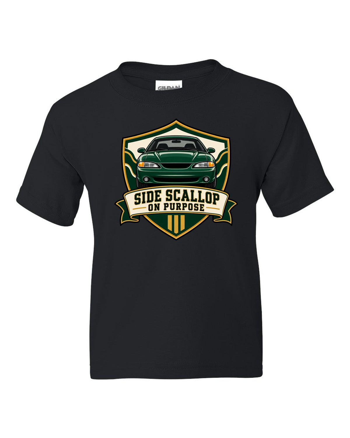SN95 Mustang 1994-98 Varsity Crest black kids tee front view with the design