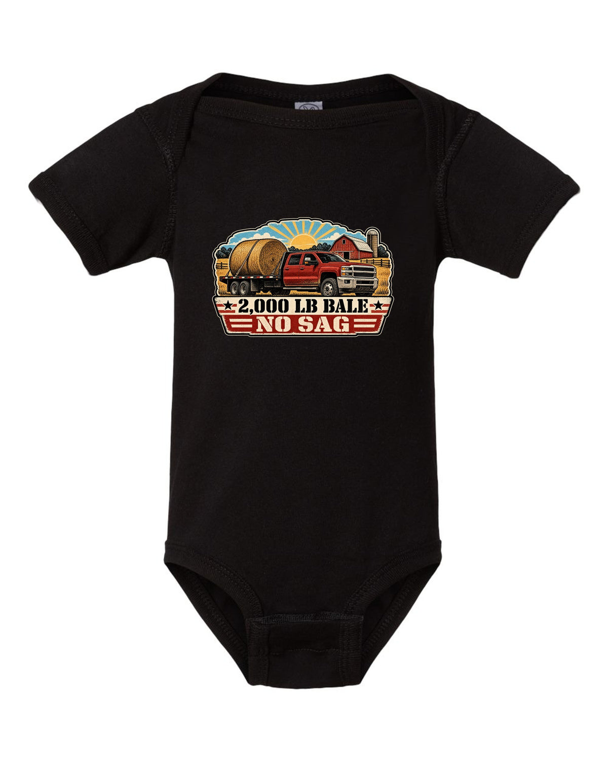 Distressed screen-print print of a 2010-2018 Ram 3500 6.7 Cummins hauling a round bale black baby onesie front view with the design