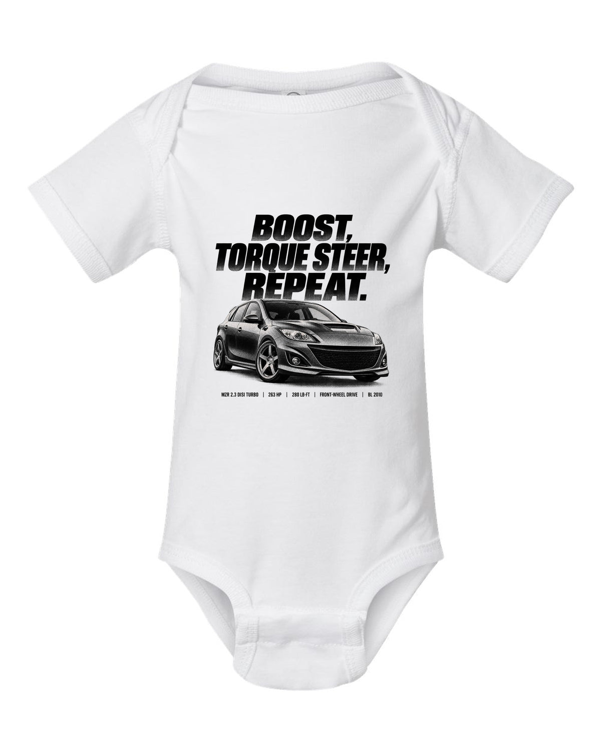 Halftone print for the 2010 Mazdaspeed3 BL reading boost, torque steer, repeat with MZR 2.3 DISI specs white baby onesie front view with the design