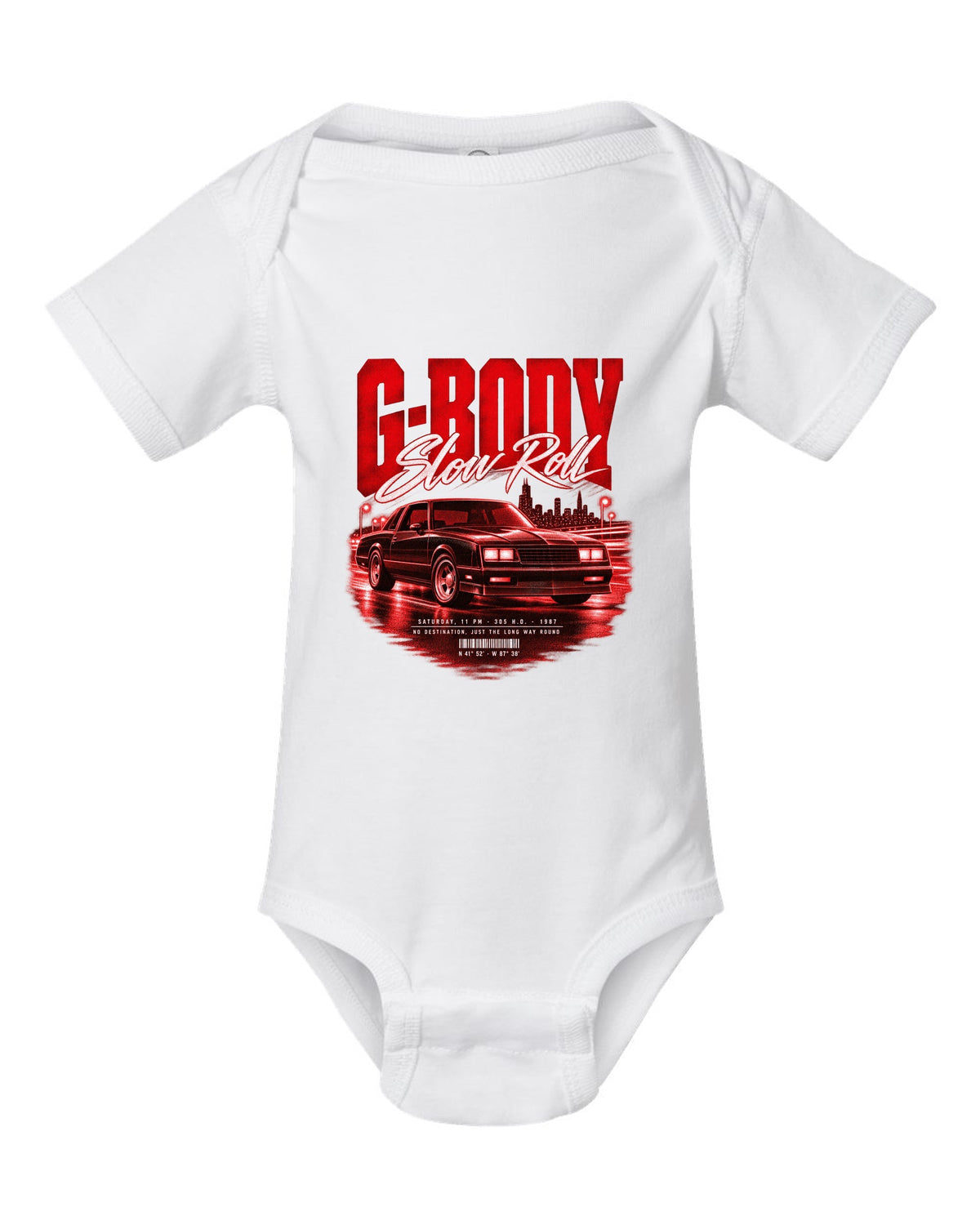 1987 Monte Carlo SS G-body street poster print with Slow Roll lettering white baby onesie front view with the design