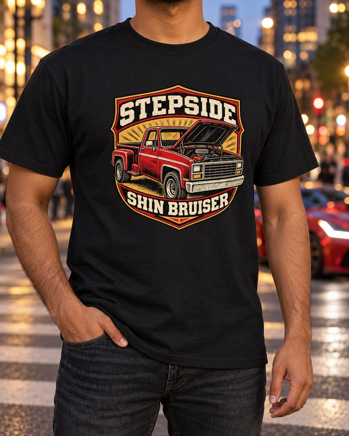 Chevrolet C10 Squarebody Stepside 1973-87 Linocut Shirt T-Shirt Black worn hero