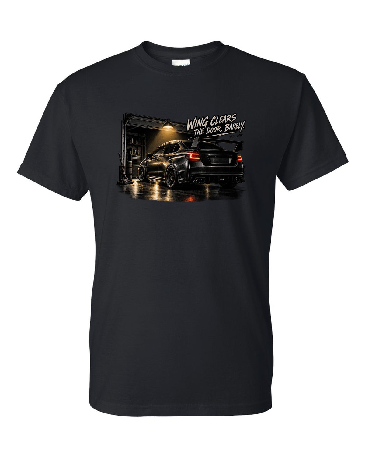 Subaru WRX STI VAB 2018 in a garage with wing clears the door barely text black t-shirt front view with the design