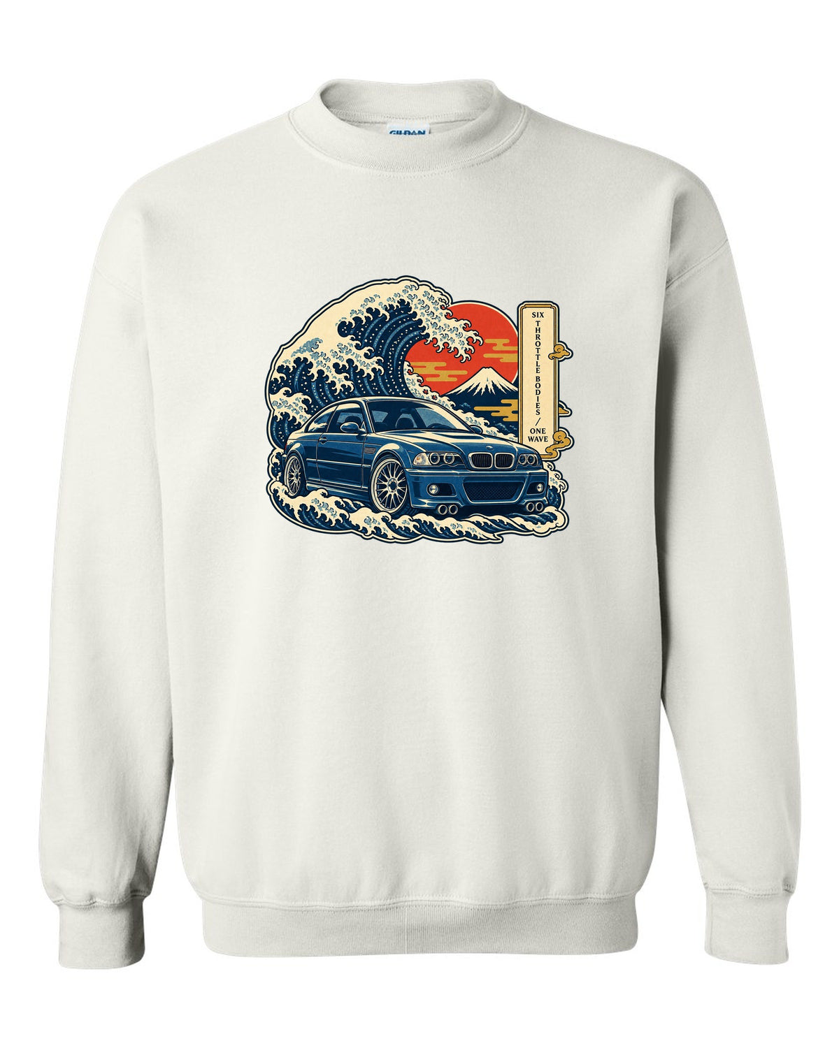 Ukiyo-e woodblock style print of a BMW E46 M3 coupe with six throttle bodies one wave text white crewneck front view with the design