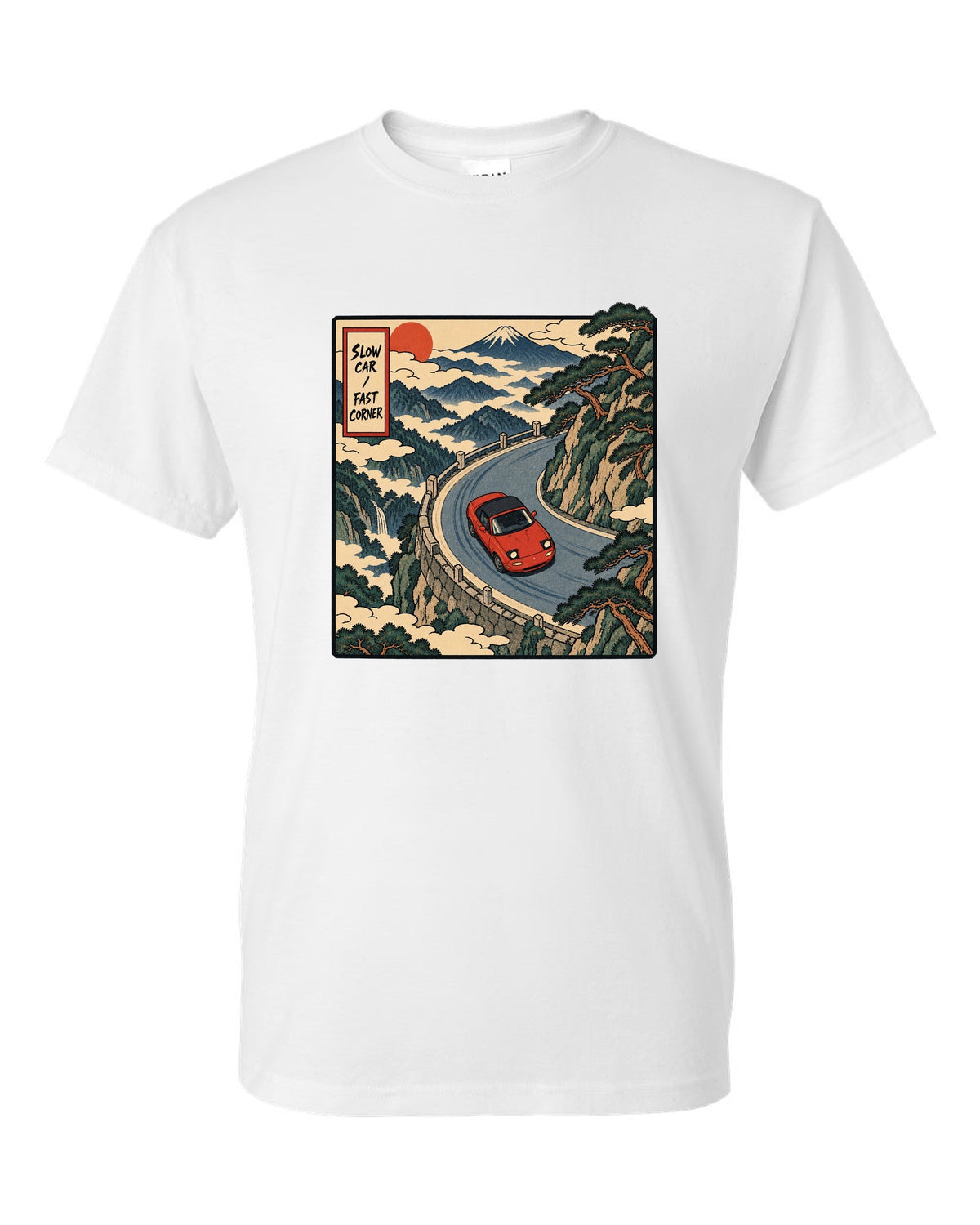 Flat silhouette row of Mazda MX-5 NA, NB, NC and ND generations white t-shirt front view with the design