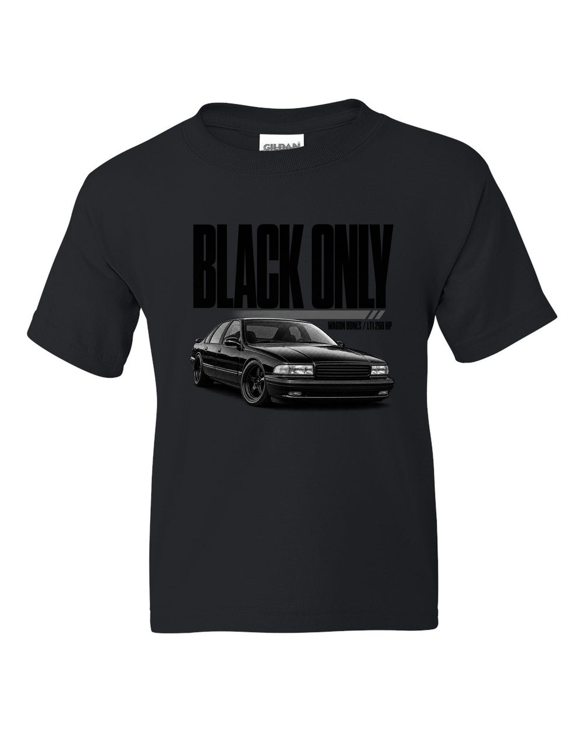 1994 Impala SS front three-quarter halftone print with LT1 text black kids tee front view with the design