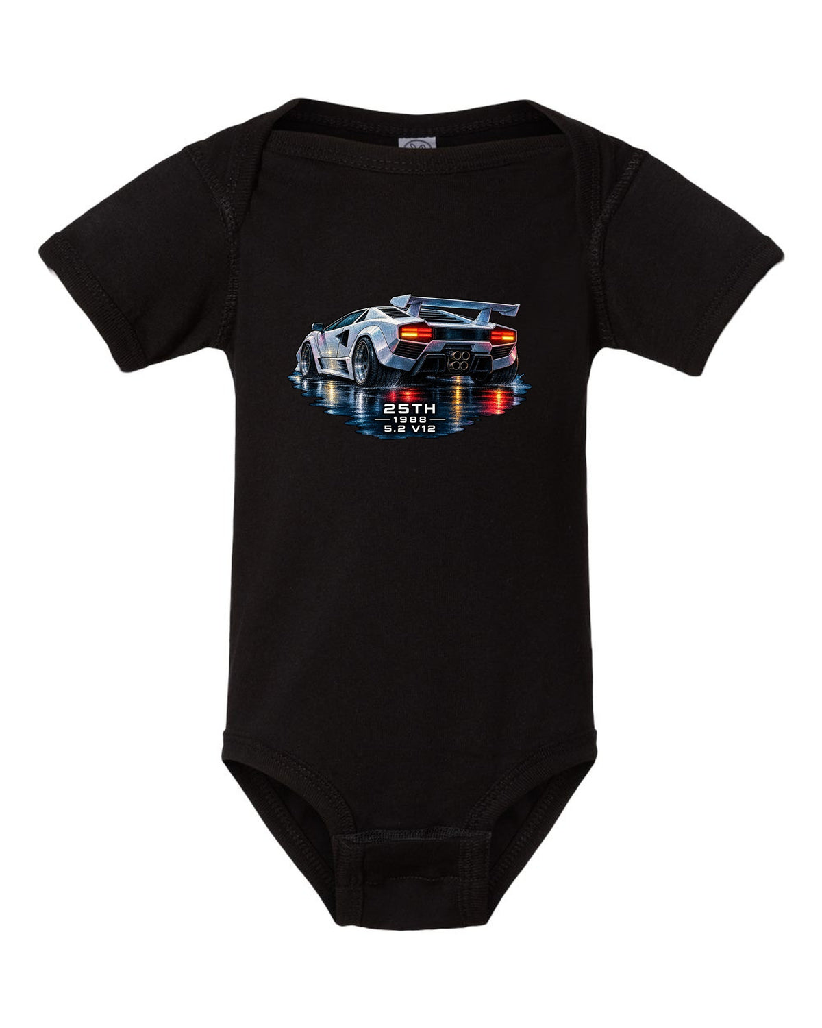 Watercolour wet-road night scene of a Lamborghini Countach 25th Anniversary with 25th 1988 5.2 V12 text black baby onesie front view with the design