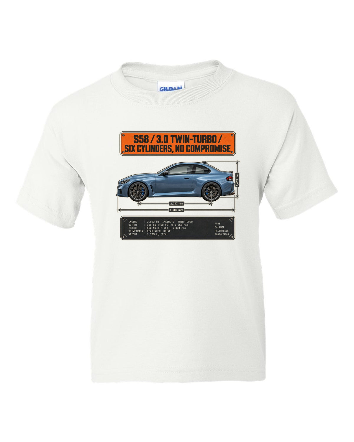 BMW M2 G87 dimension blueprint print with S58 3.0 twin-turbo text white kids tee front view with the design